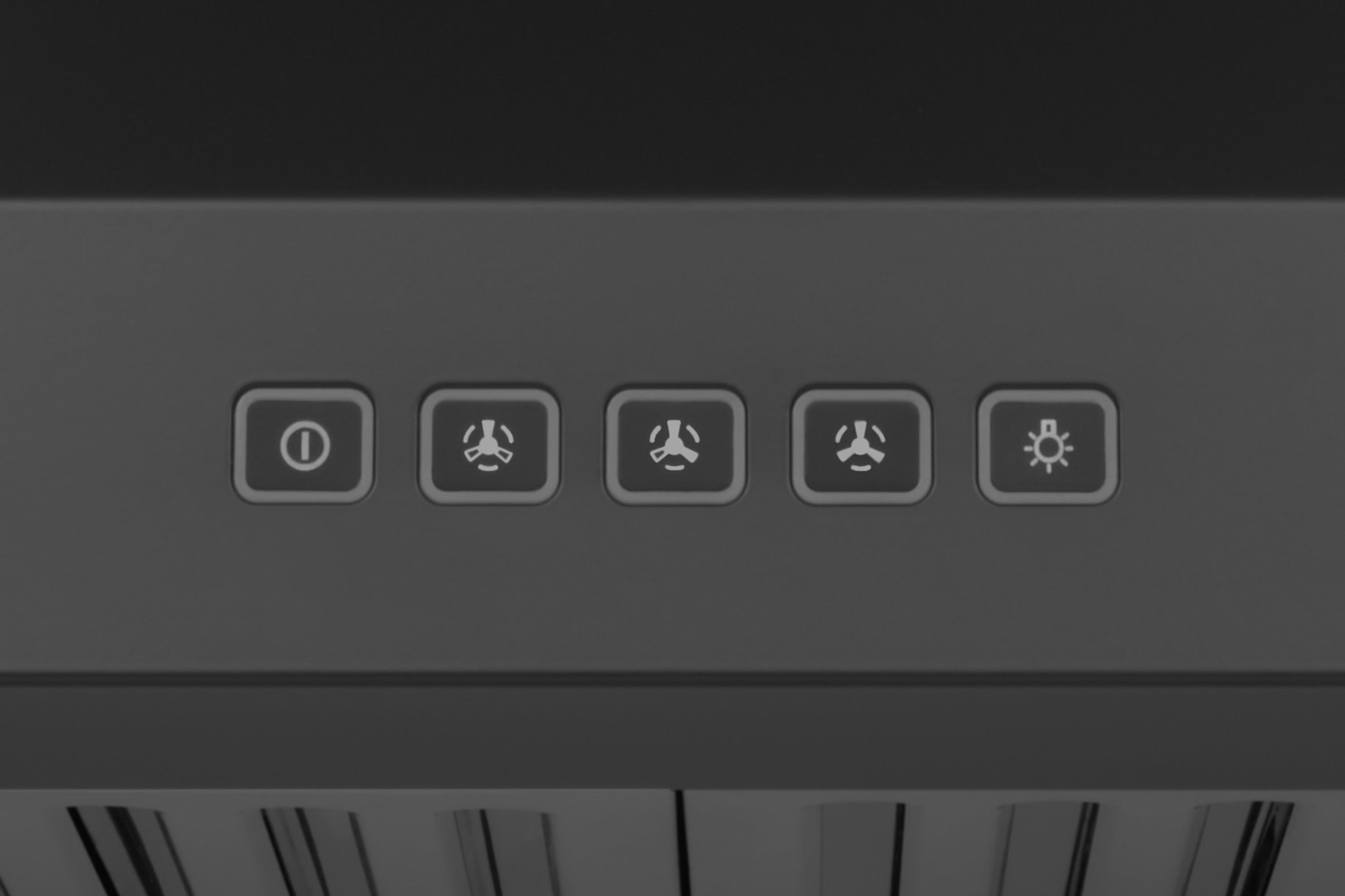 Dark range hood control panel with five button icons