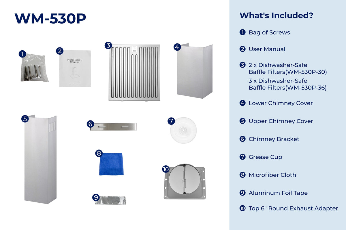 WM-530P parts included diagram: screws, filters, chimney cover, adapters, cloth