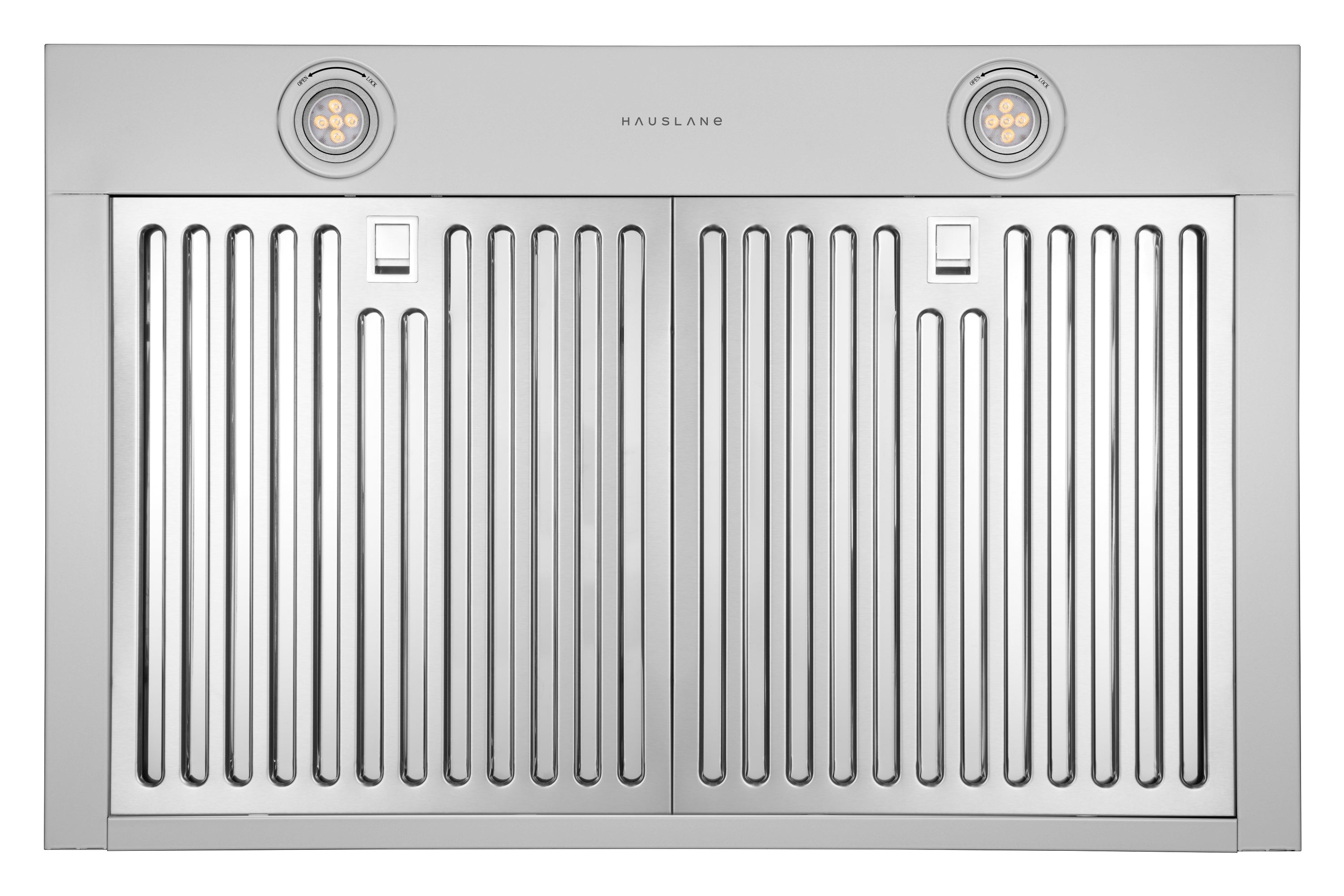Stainless steel range hood front panel with two circular LED lights and vent grates