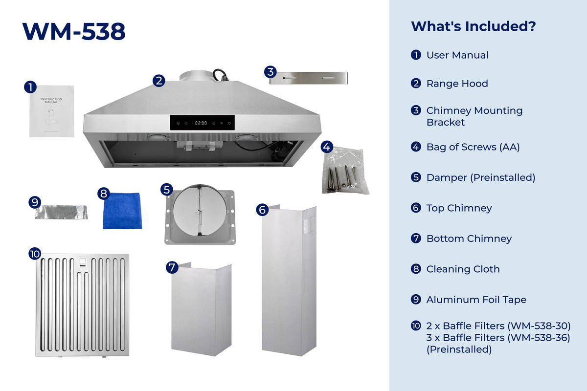 Hauslane Wall Mount Touch Control Range Hood with Stainless Steel Filters in Stainless Steel (WM-538SS)