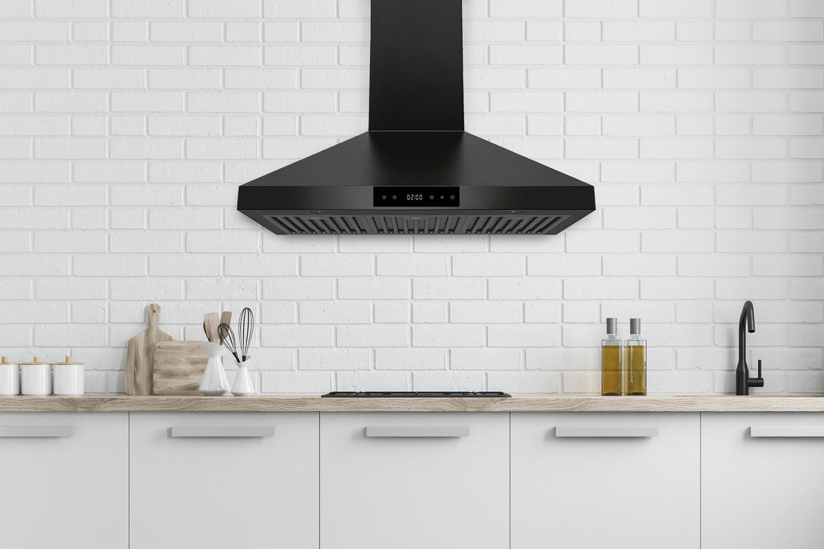 Wall-mount matte black range hood with touch control panel and front vent slats