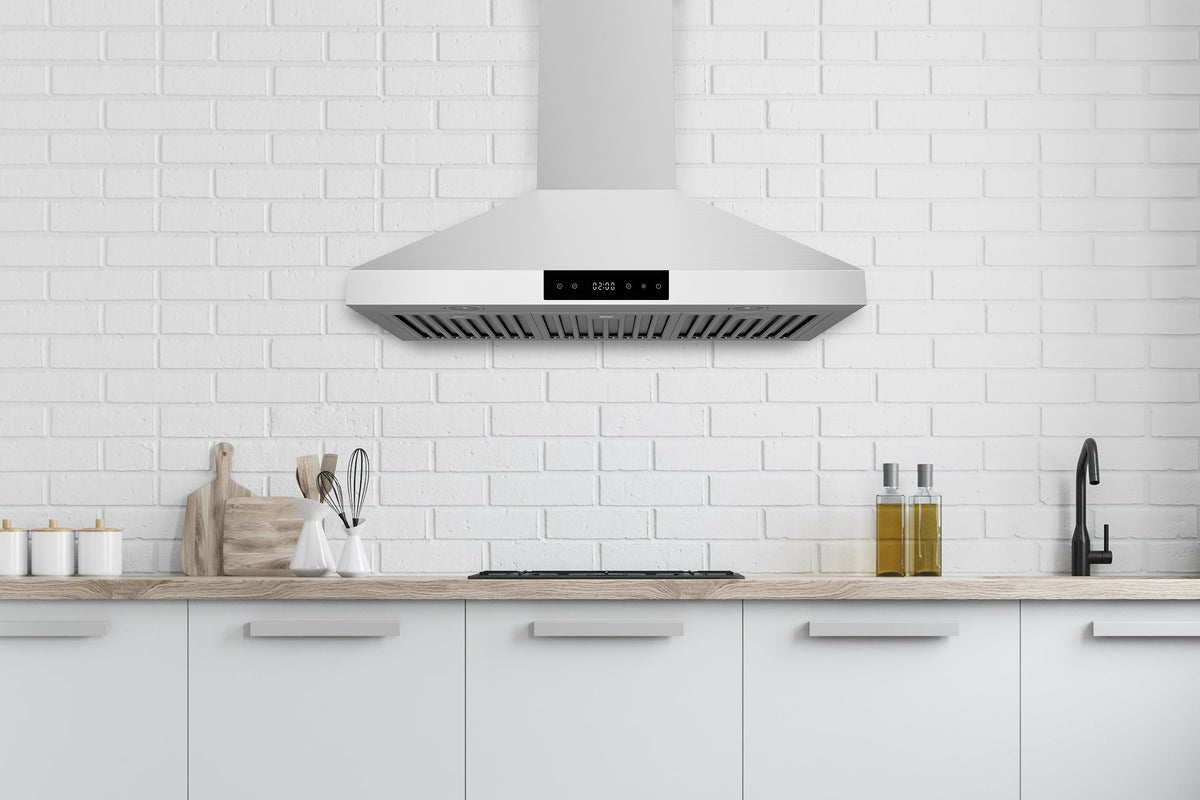 Wall-mount matte white range hood with touch control panel and front vent slats
