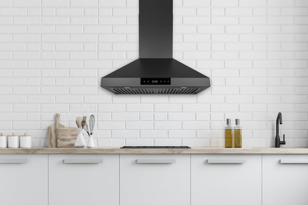 Wall-mount matte black range hood with touch control panel and vent grille