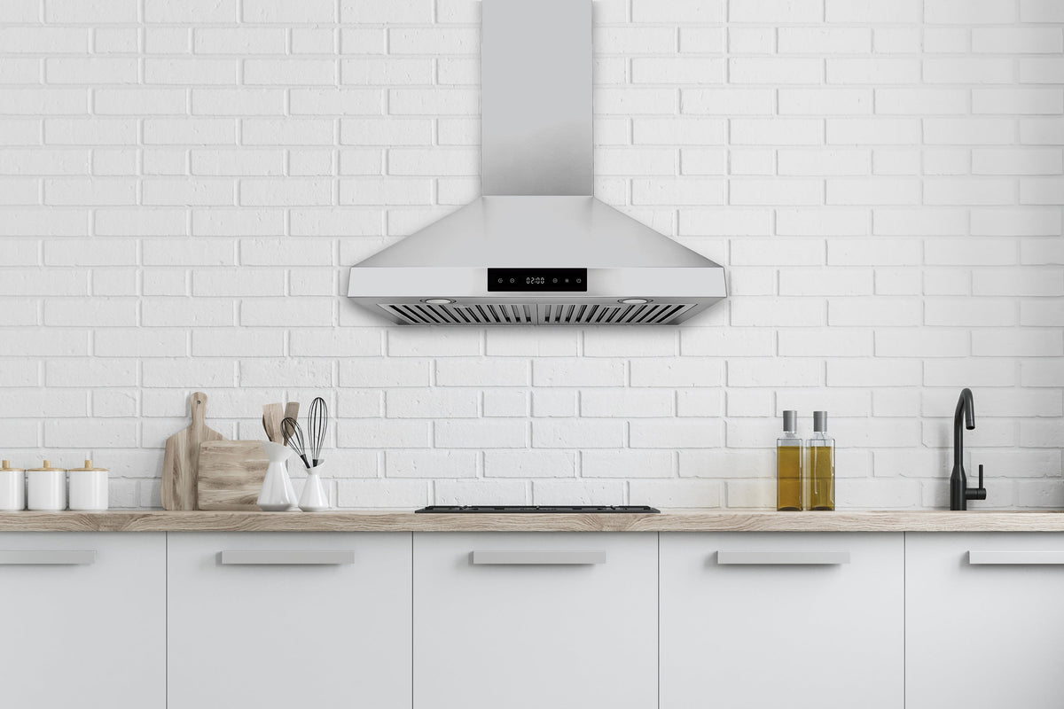 Wall-mount matte white range hood with touch control panel and vent grille