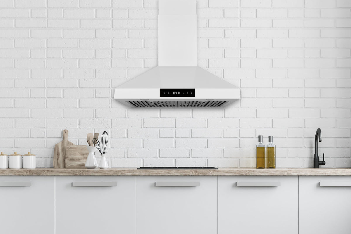Wall-mounted stainless steel range hood with touch control panel and vented filter grille