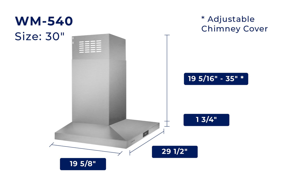Stainless steel wall mount range hood size diagram showing 30-inch width