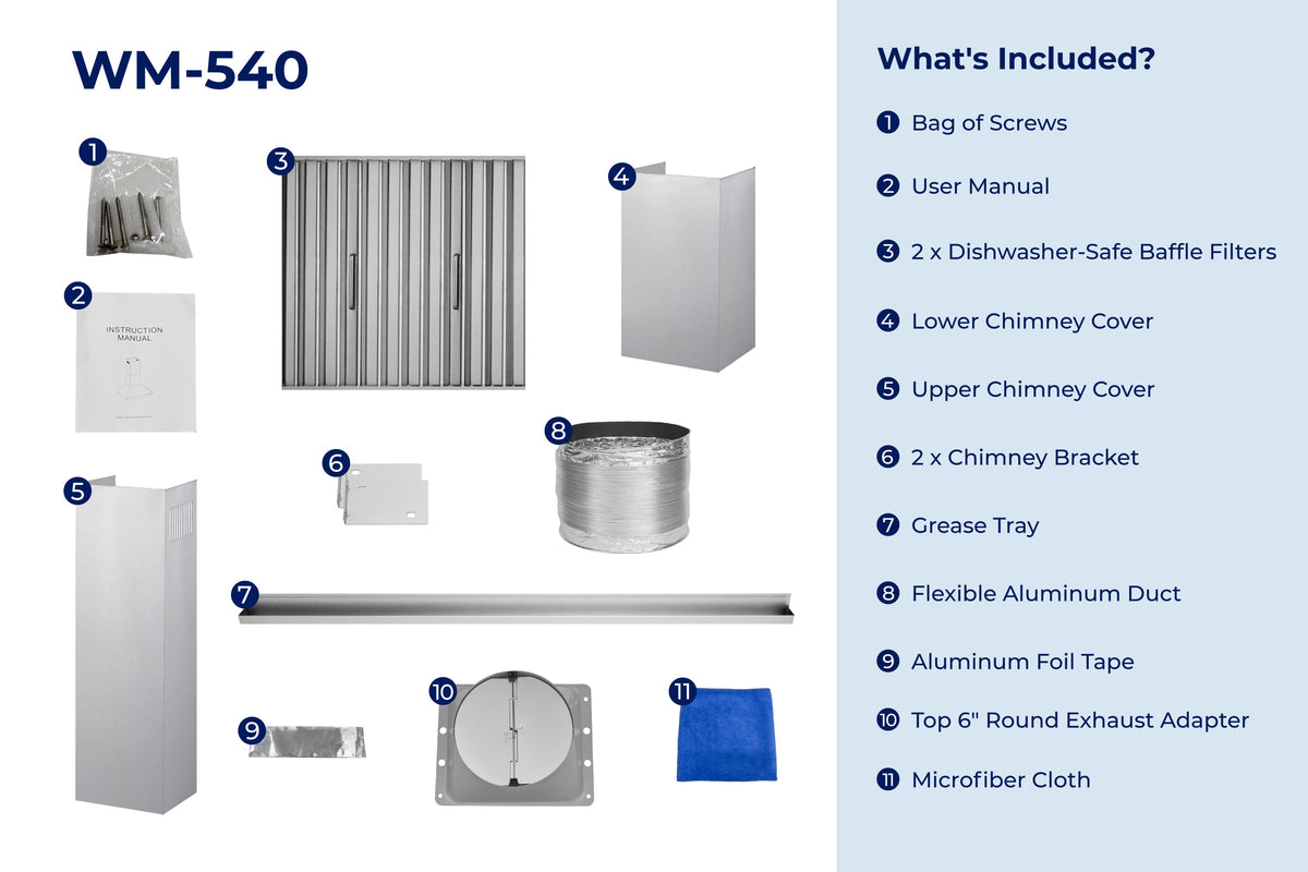 Range hood accessories diagram with filters, chimney pieces, duct, and wiring parts