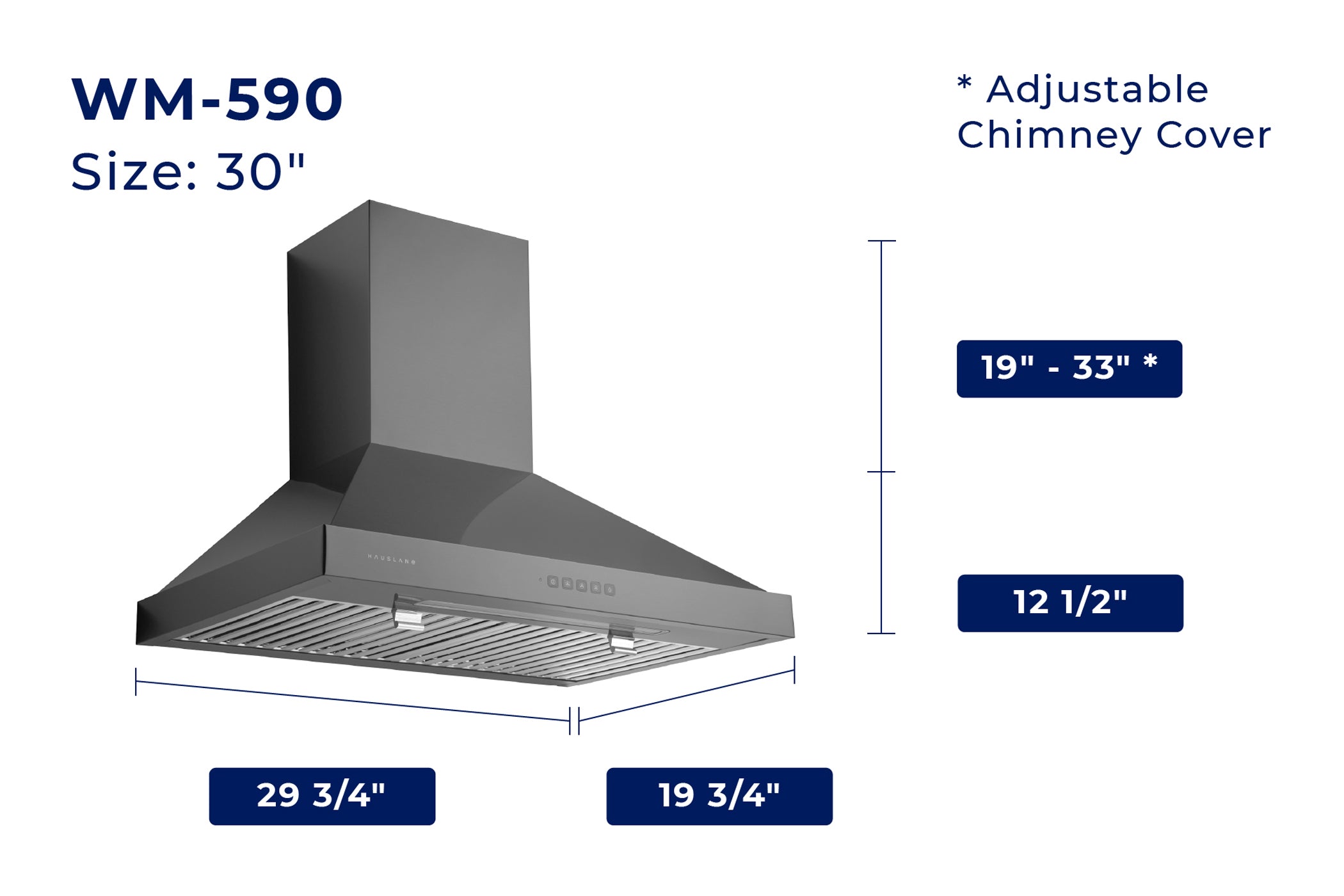 30-inch black stainless steel wall mount range hood diagram with adjustable chimney cover