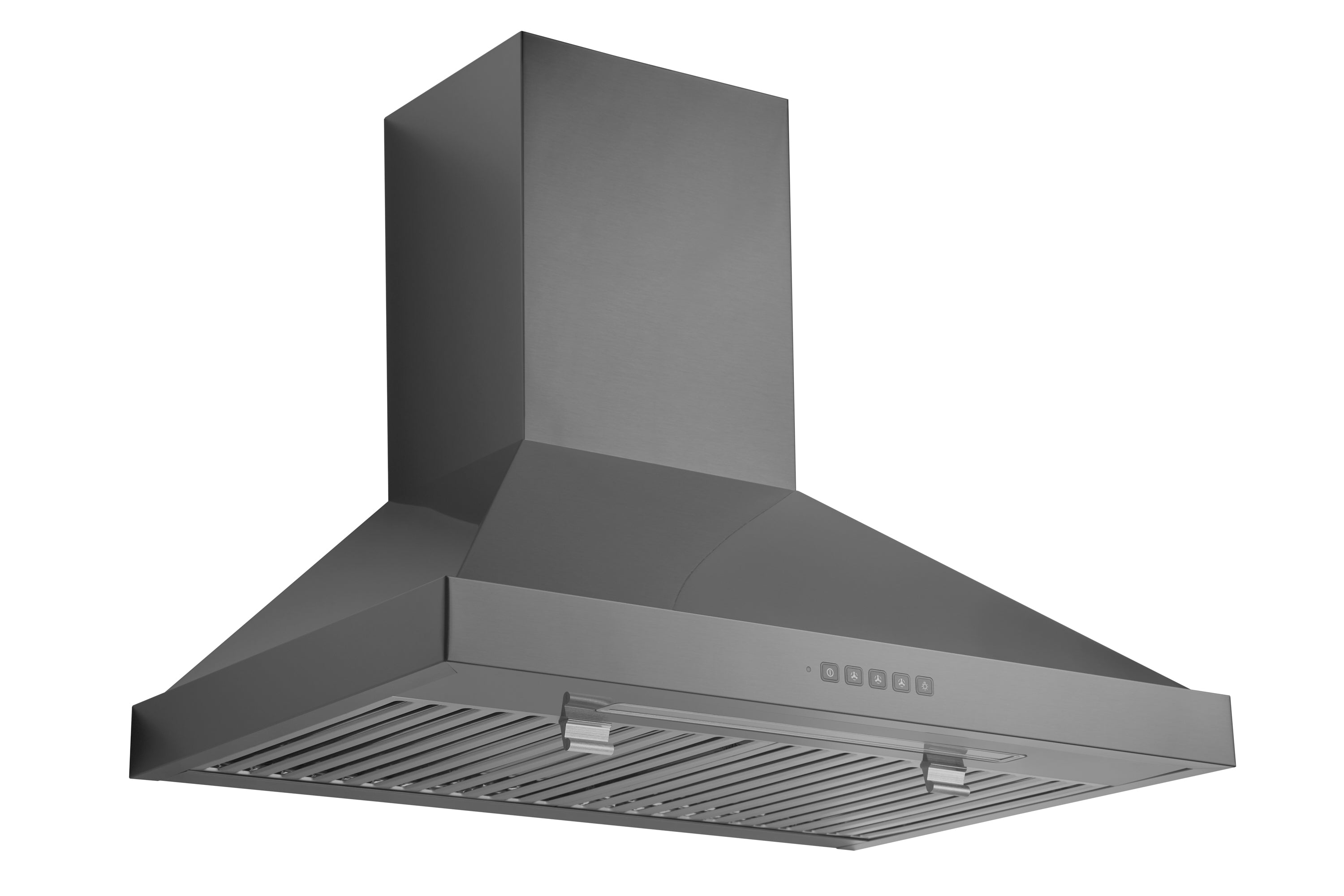 Black stainless steel wall mount range hood with vent baffle filters and chimney