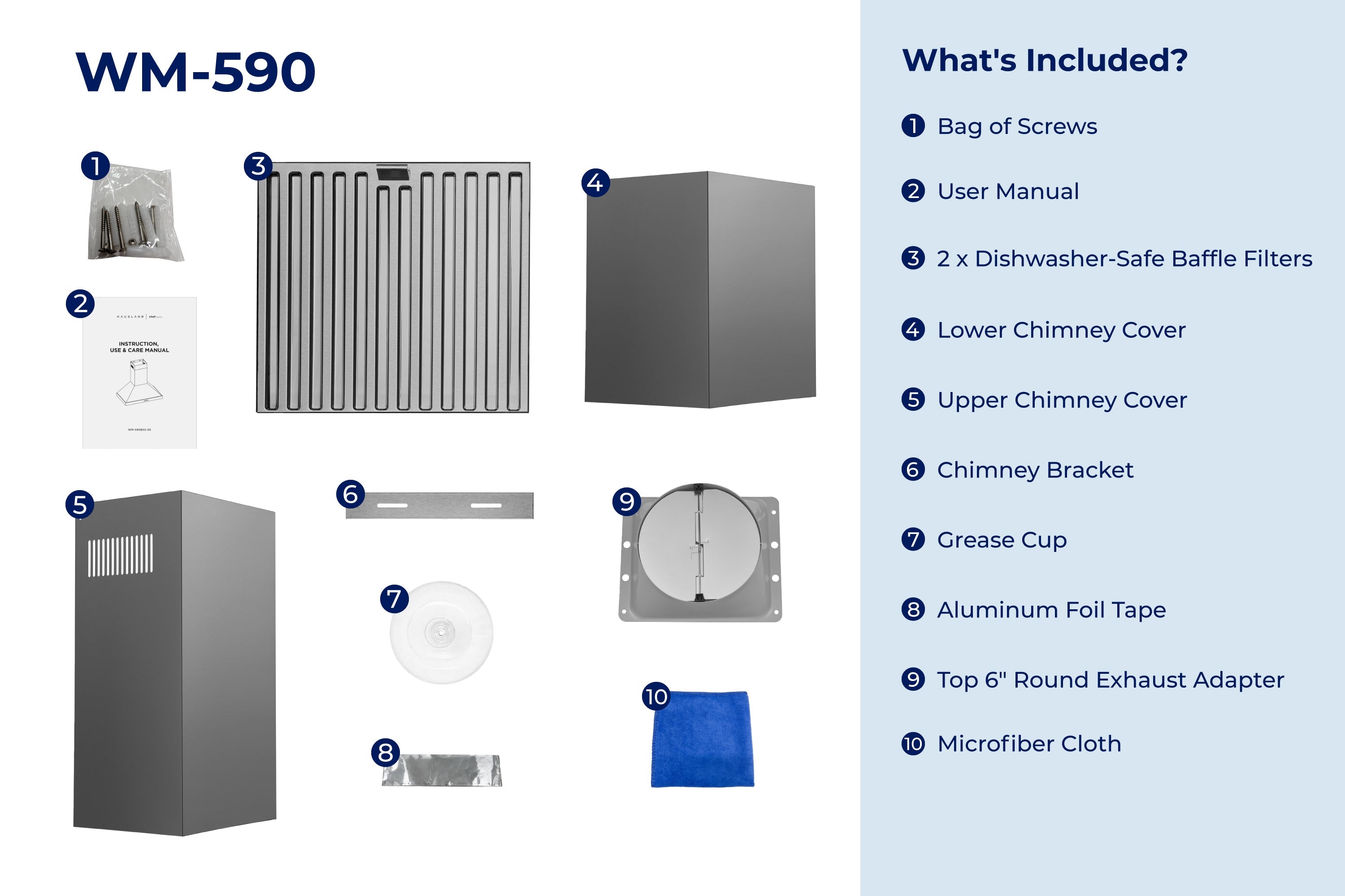Wall mount range hood included parts diagram: filters, chimney cover, bracket, grease cup