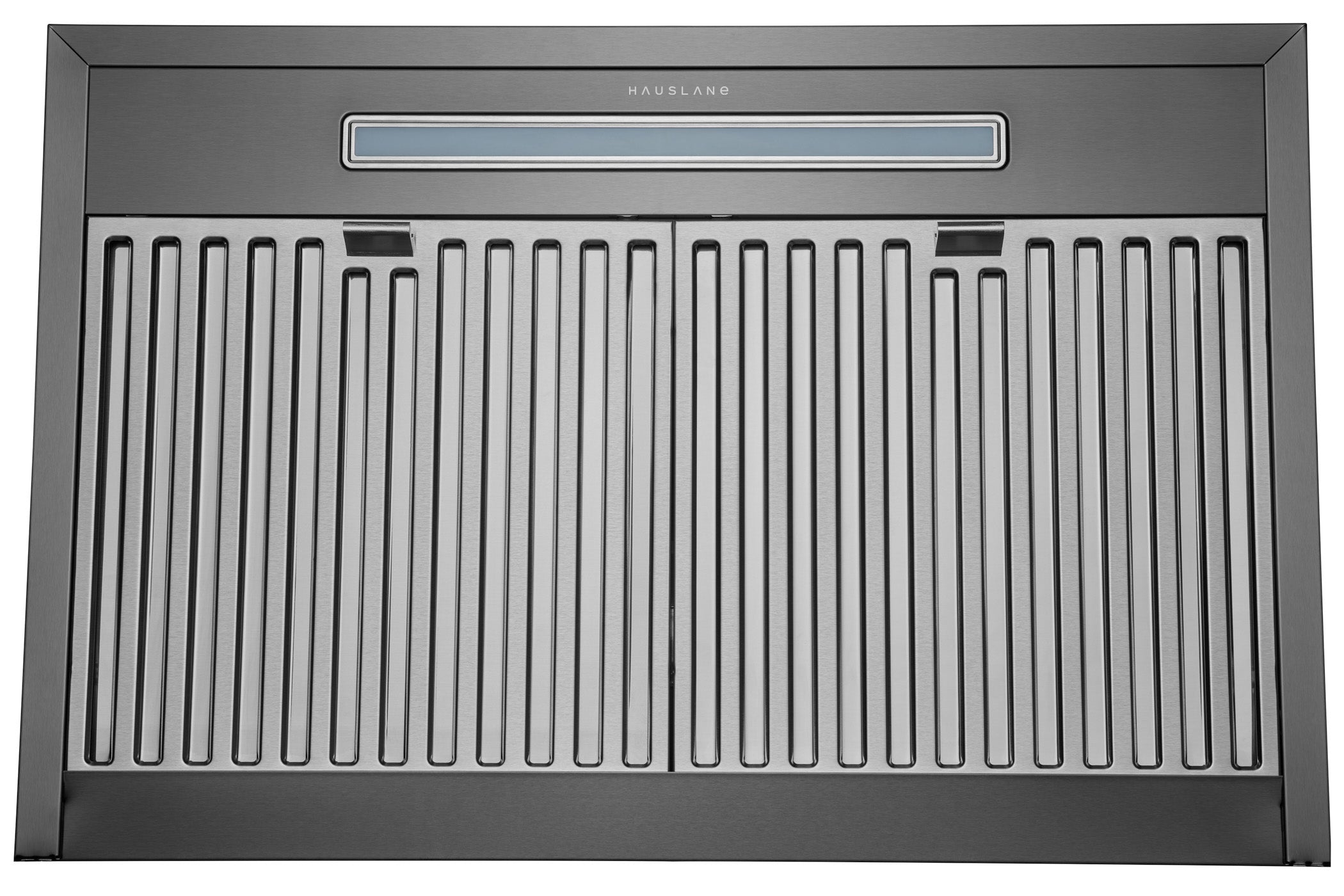 Black stainless steel range hood with front filter grille and logo strip