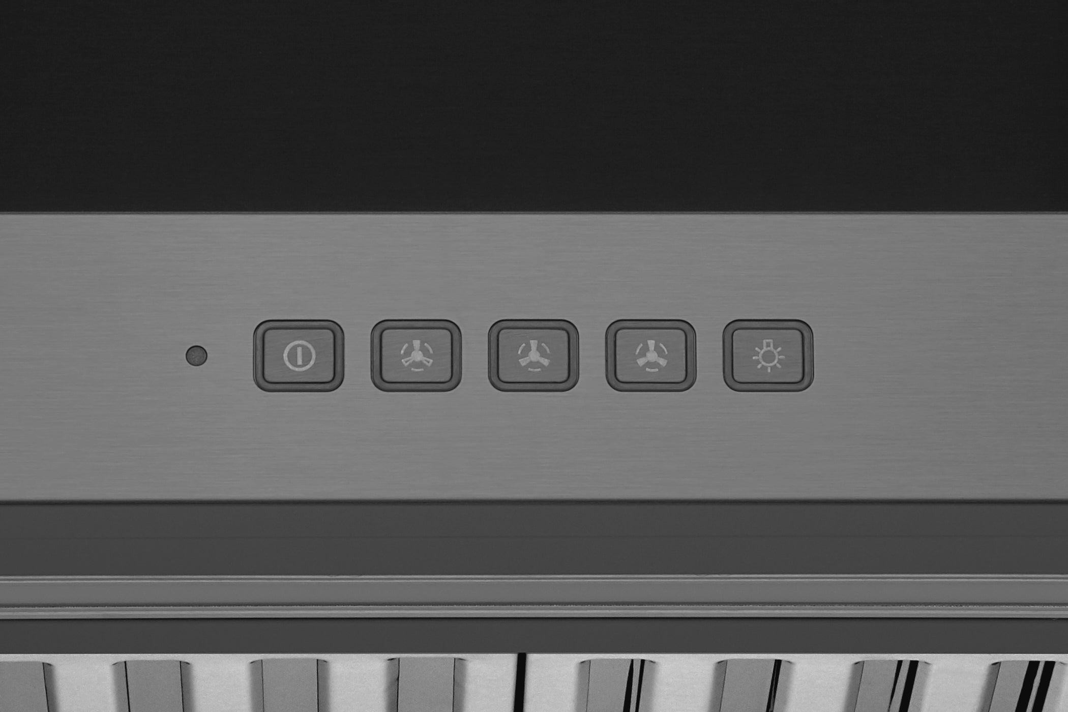 Black stainless steel range hood control panel with button icons
