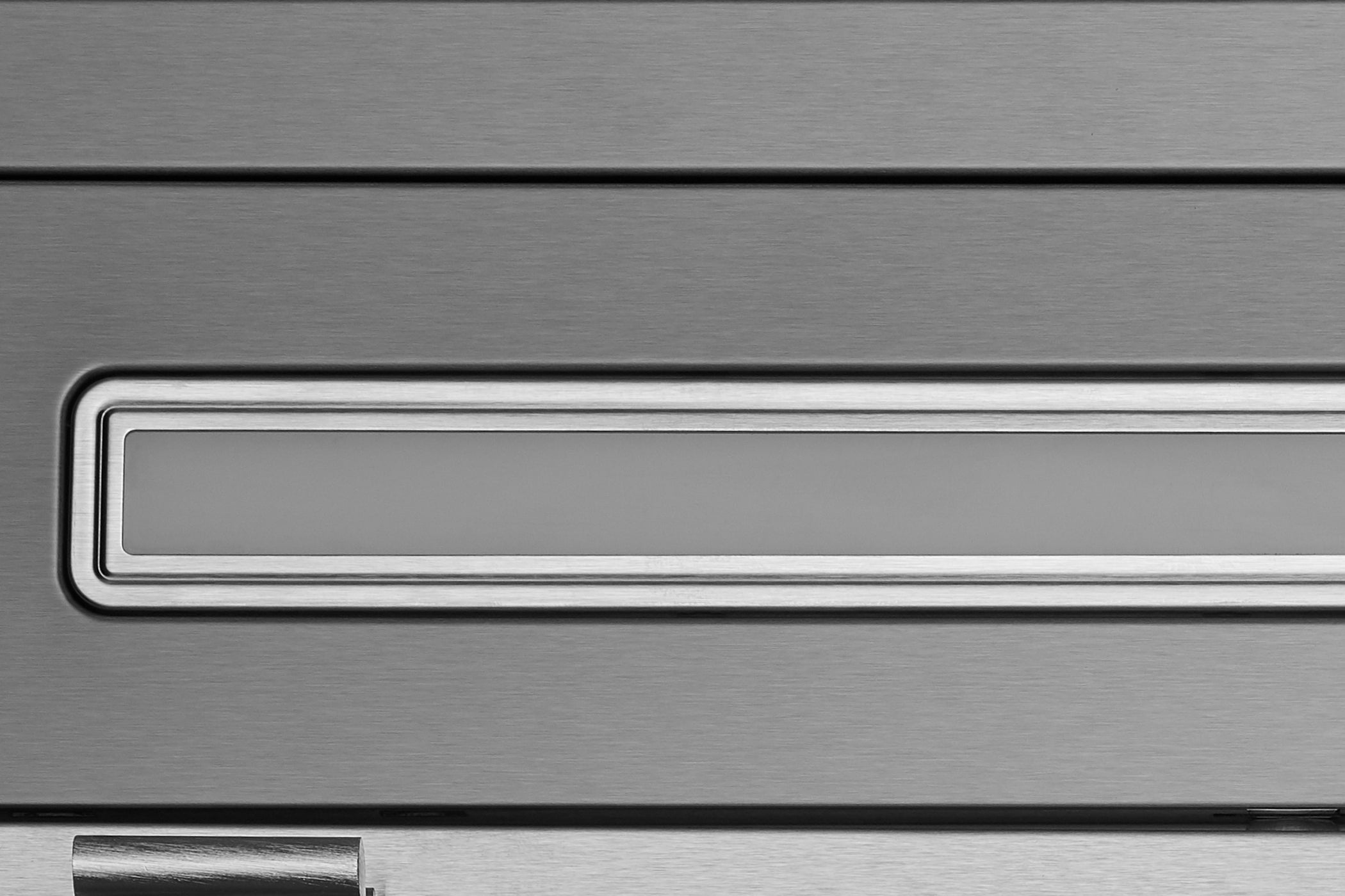 Black stainless steel range hood front panel with recessed handle frame