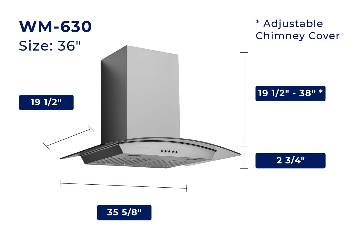 WM-630 wall range hood size 36 in diagram with adjustable chimney cover dimensions