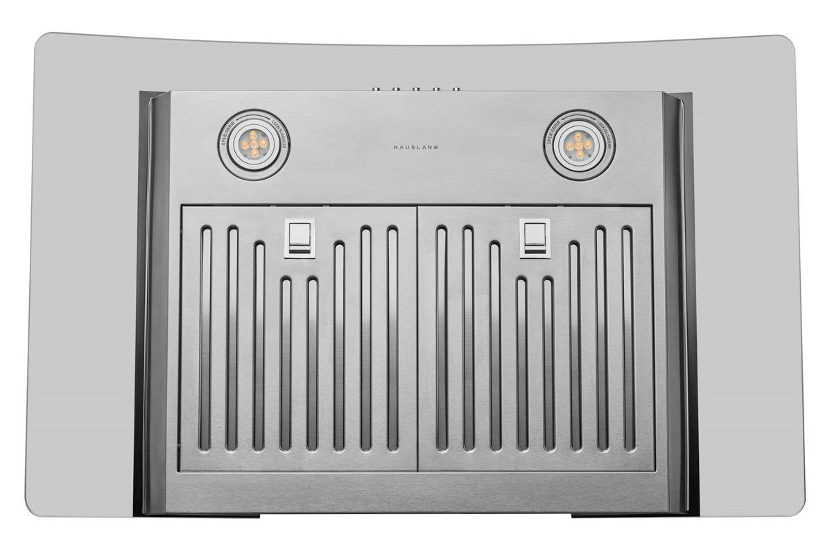 Stainless steel filter cover panel with vent slats and two circular fan openings