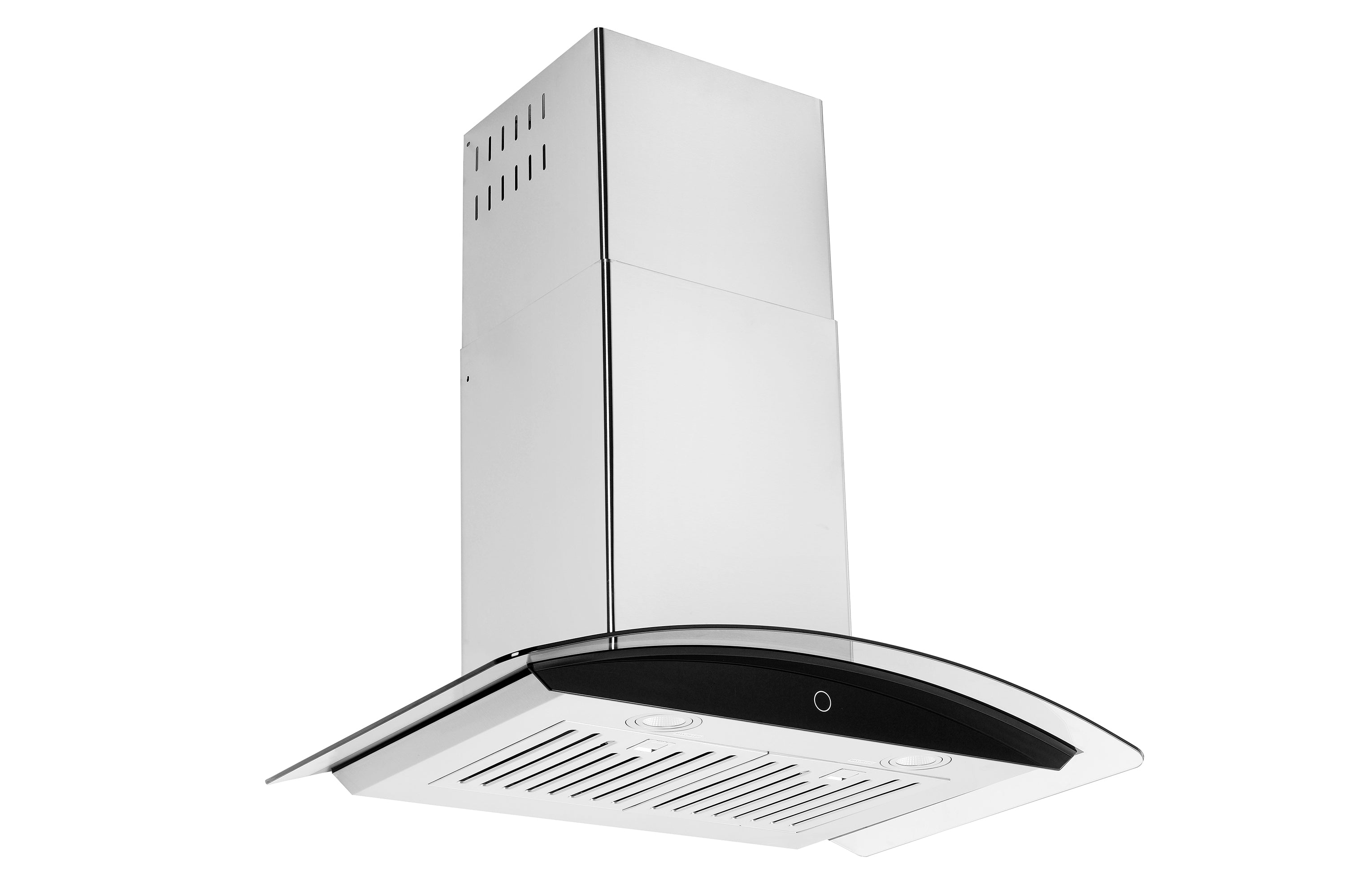 Stainless steel wall mount range hood with vented baffle plate and chimney body