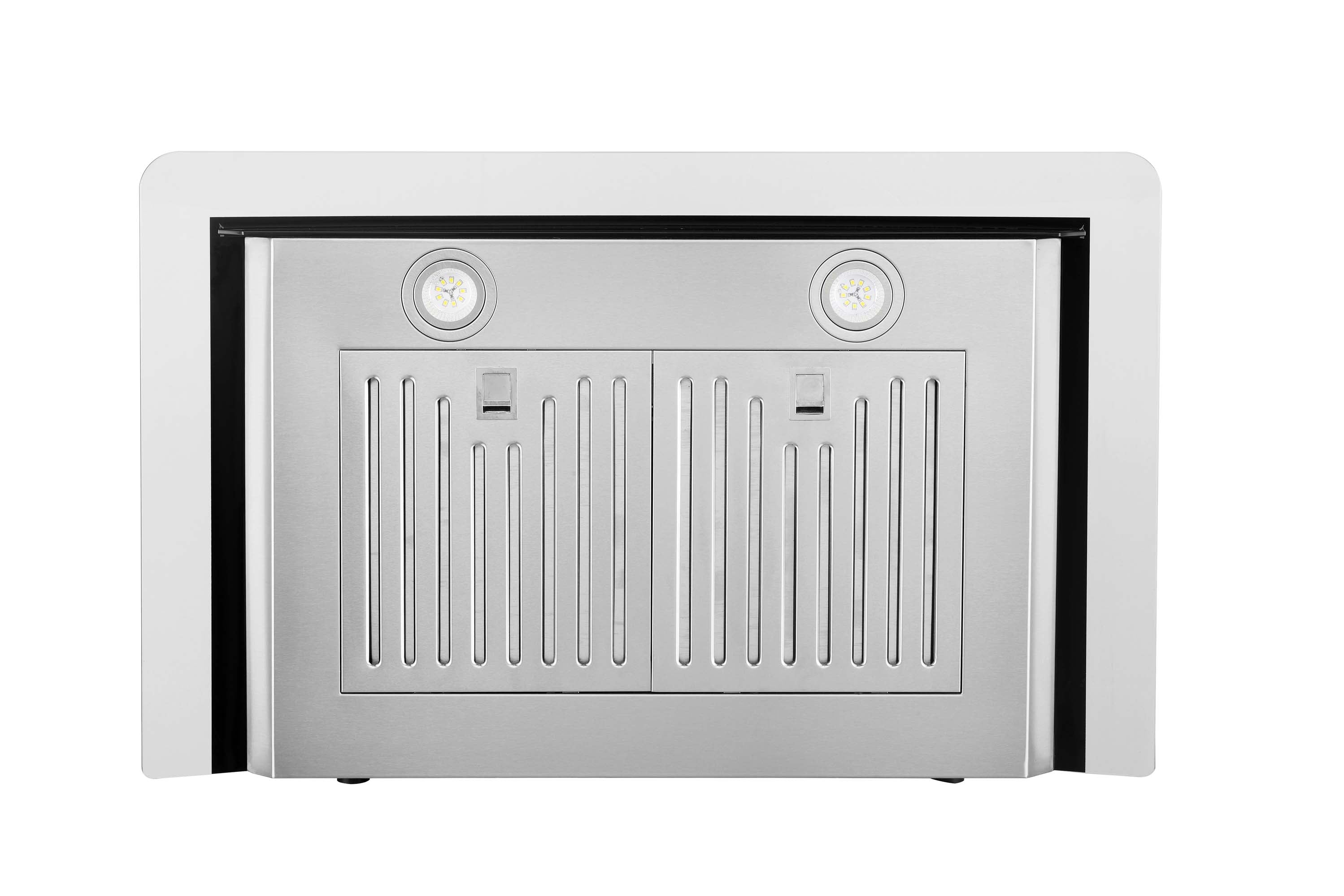 Stainless wall mount range hood with vented baffle filters and two LED lights