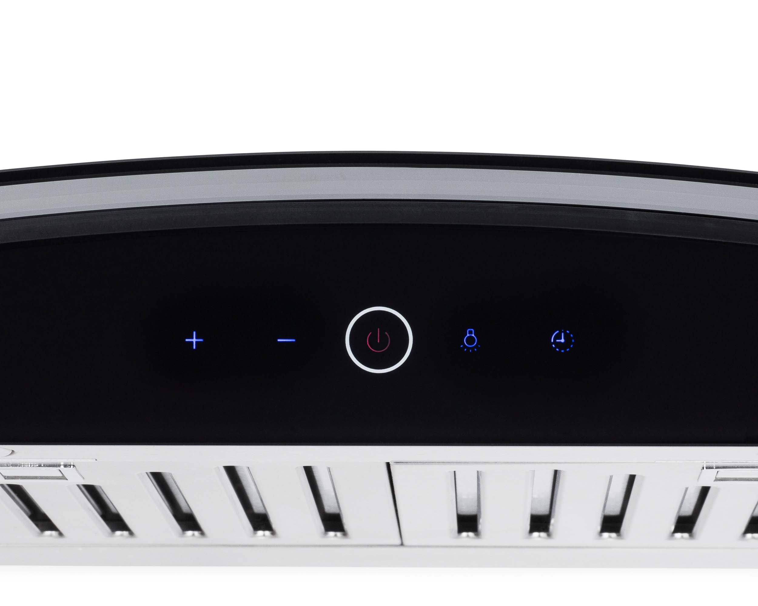 Stainless steel wall mount range hood with black touch control panel and icons