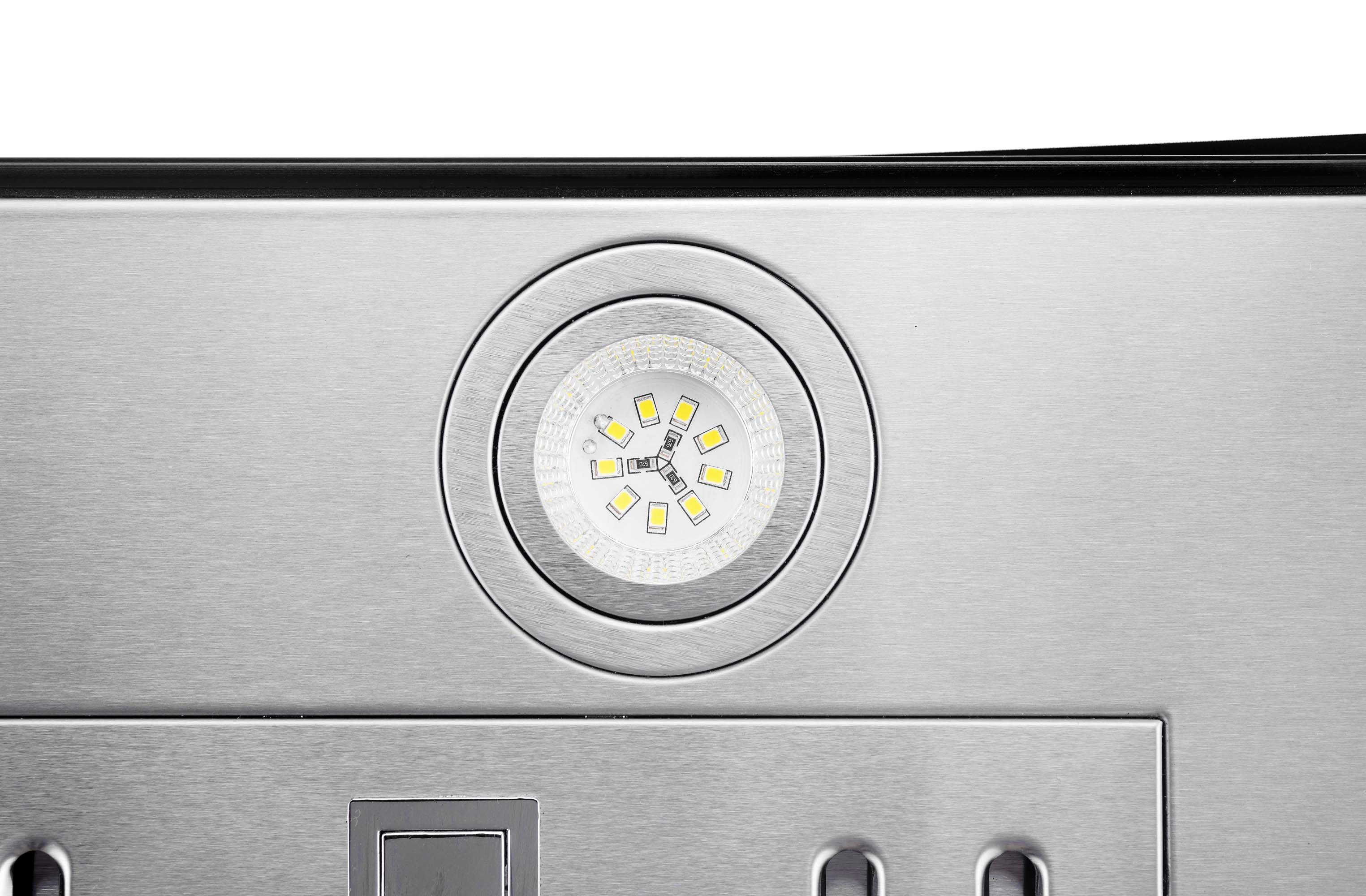 Stainless steel range hood with circular LED light on the front