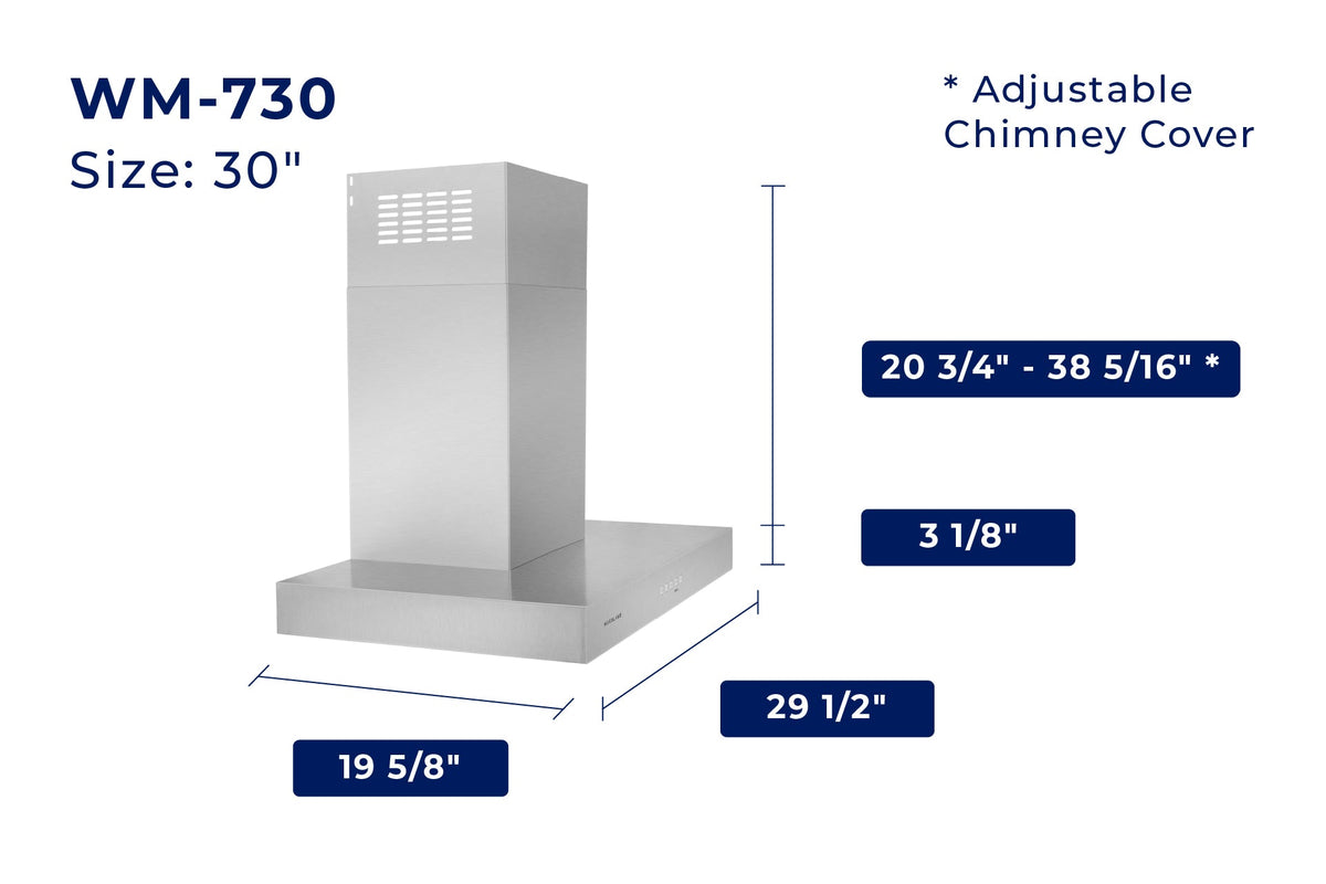 Wall mount stainless steel range hood diagram showing chimney and base dimensions.