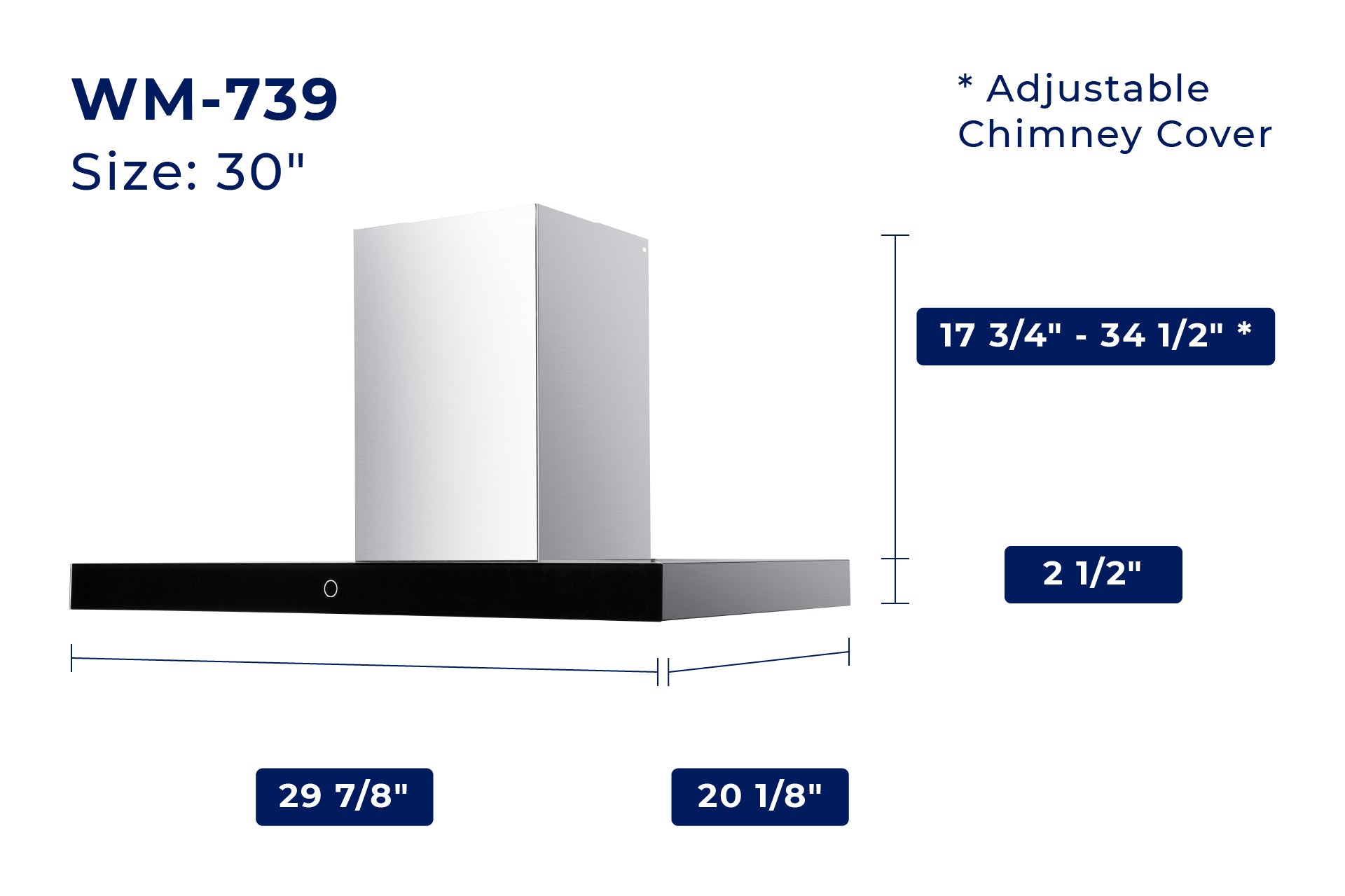 T-shaped wall hood size 30 in with adjustable chimney cover 17.75–34.5 in