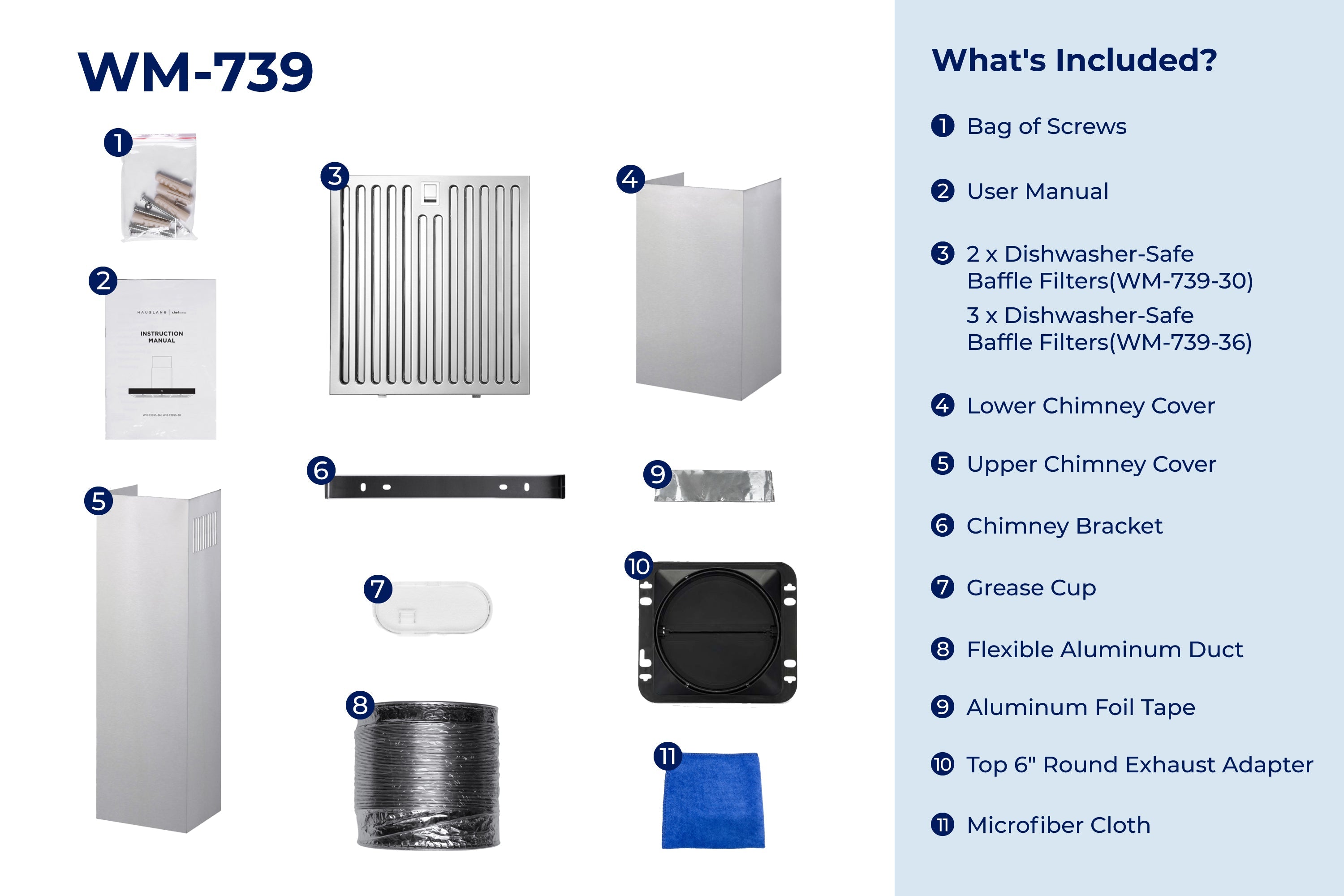 Range hood included-parts diagram: screws, manual, chimney covers, baffles, adapters, cloth