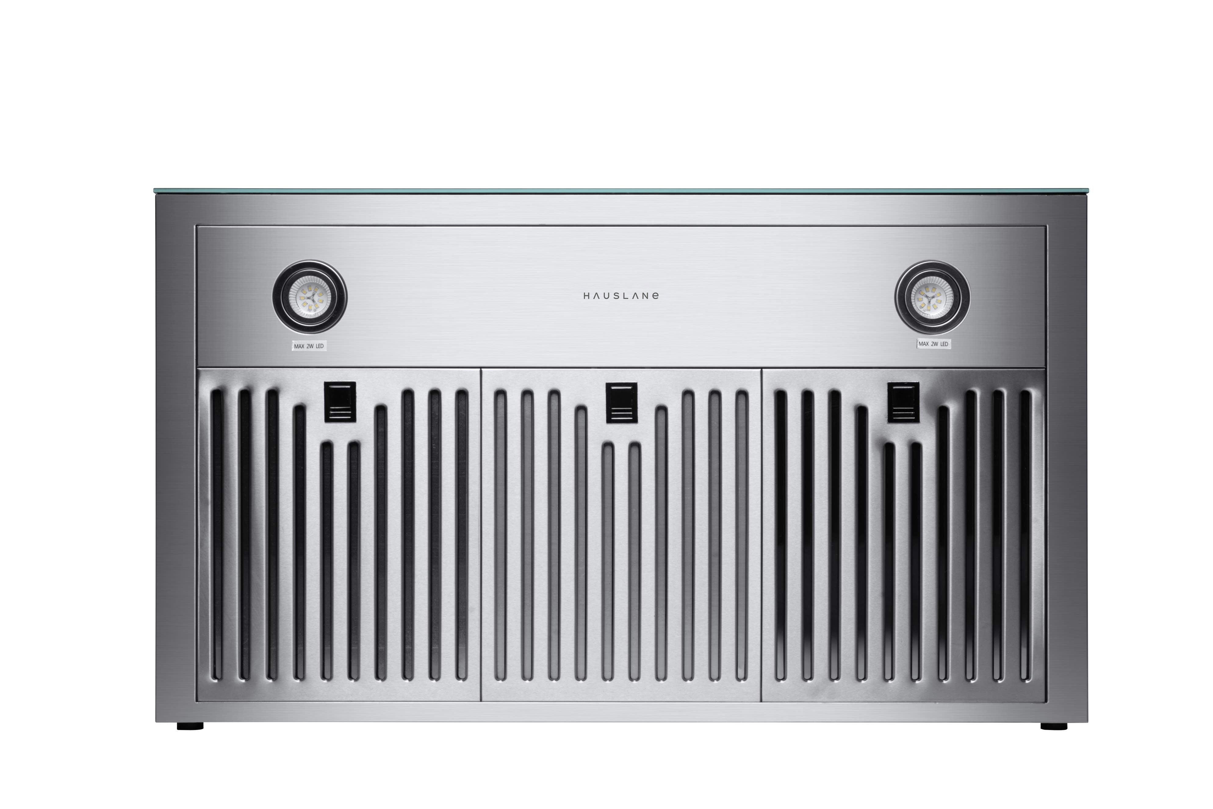 T-shaped wall range hood front grille with stainless steel body and dual round fan knobs