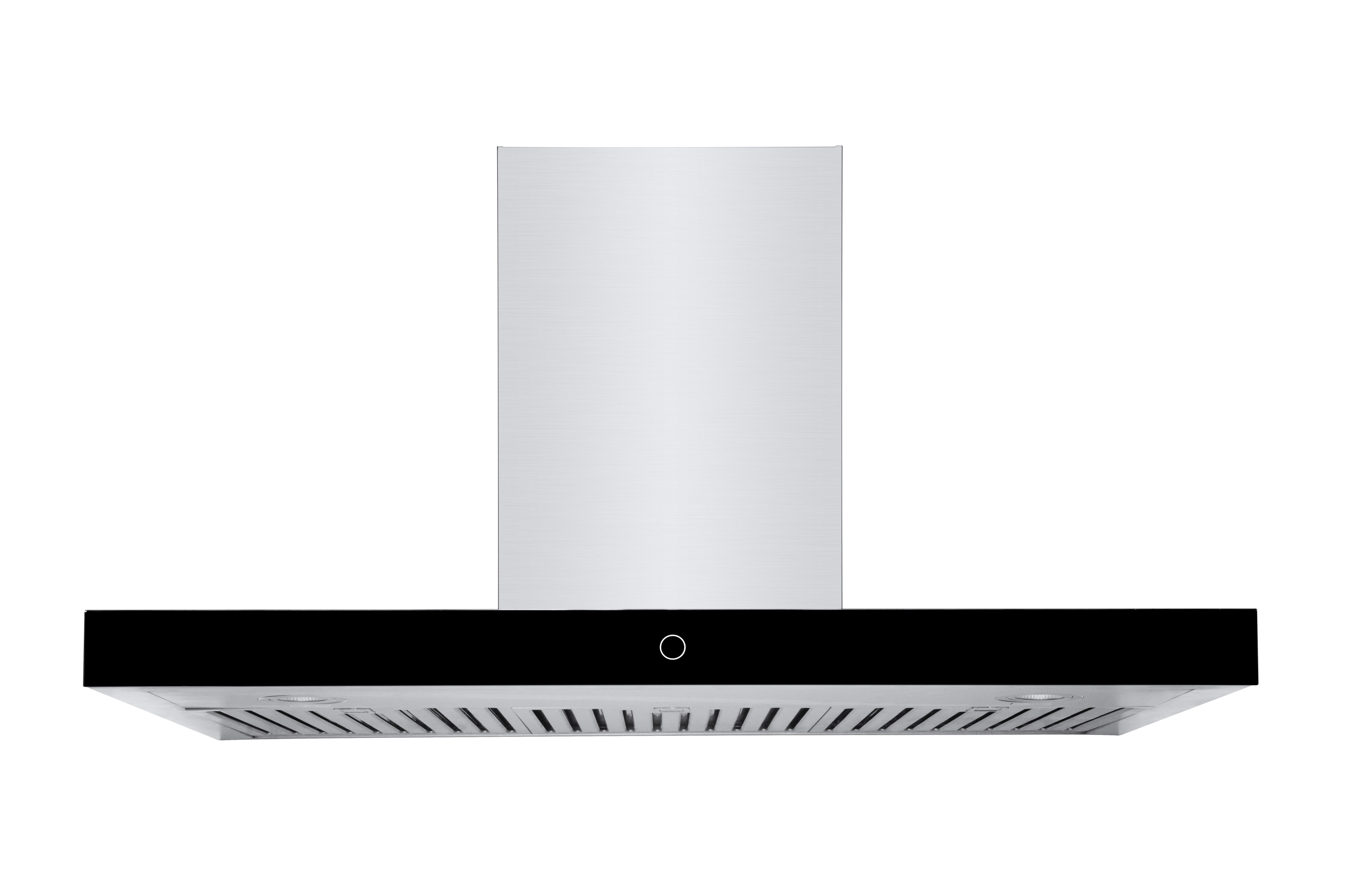 T-shaped wall-mounted range hood with black vent panel and stainless steel chimney