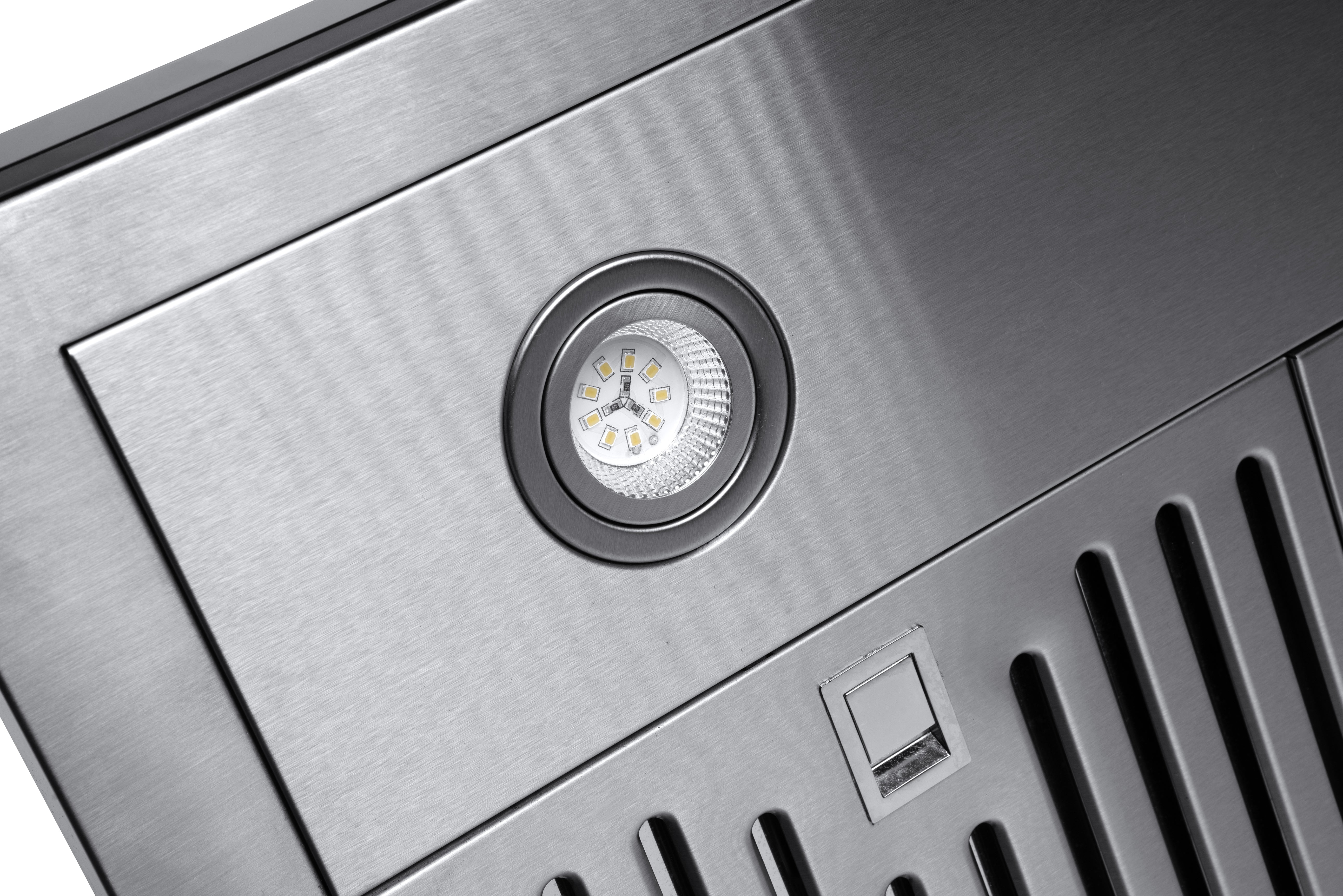 Stainless steel range hood ceiling panel with circular LED light and vent slots