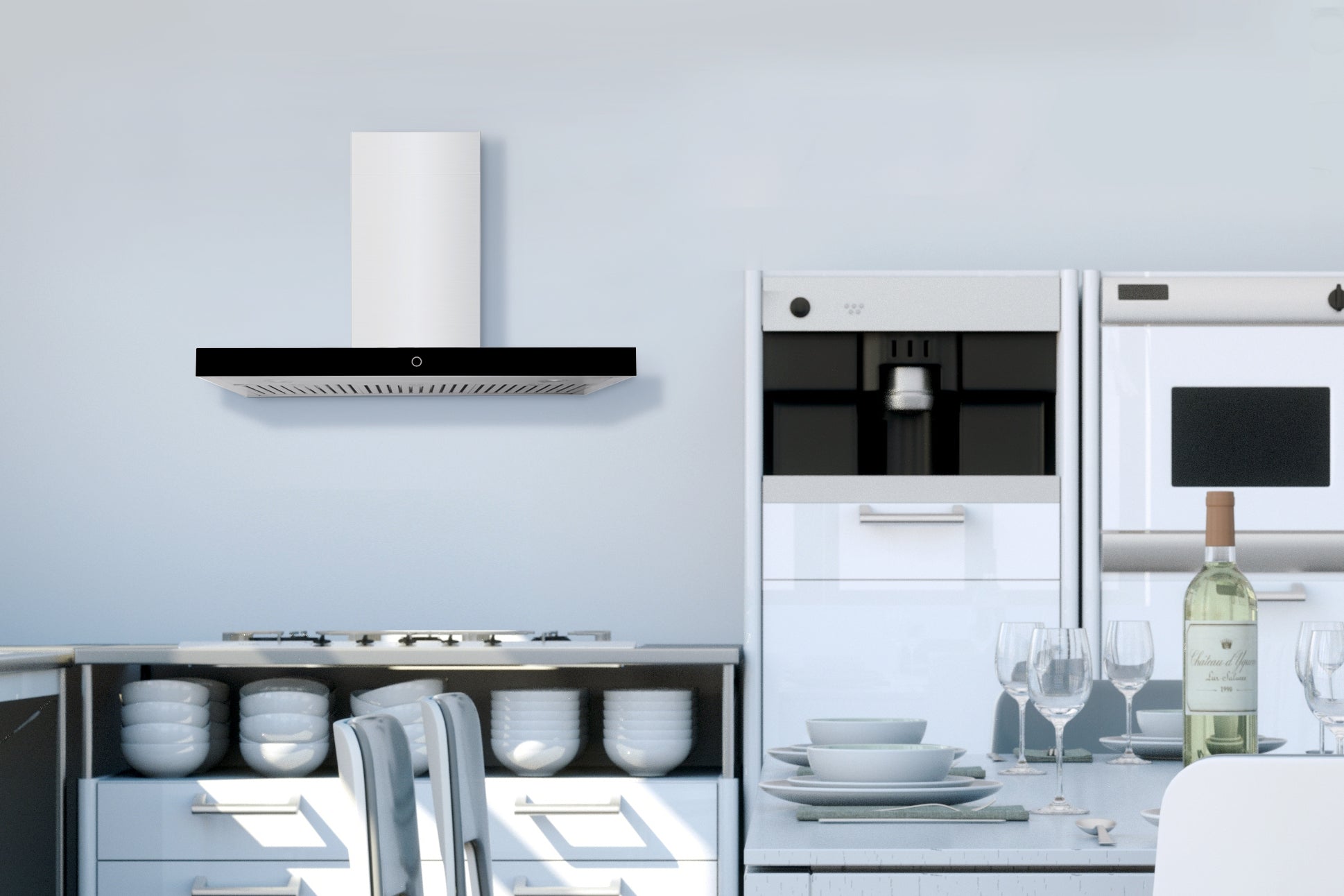 T-shaped wall-mounted range hood above the cooktop with black underside and stainless chimney