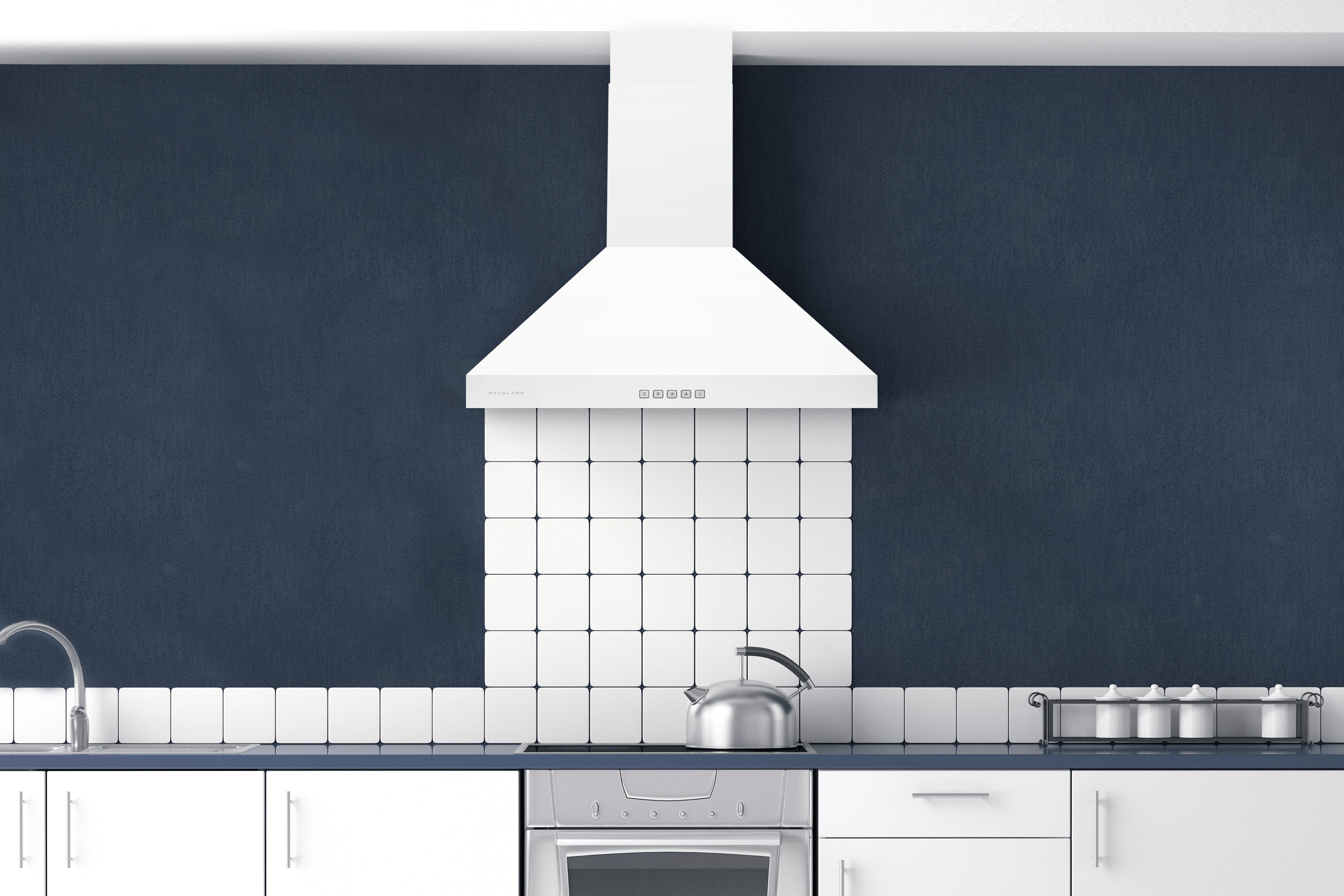 White convertible wall mount range hood above cooktop, with chimney vent cover