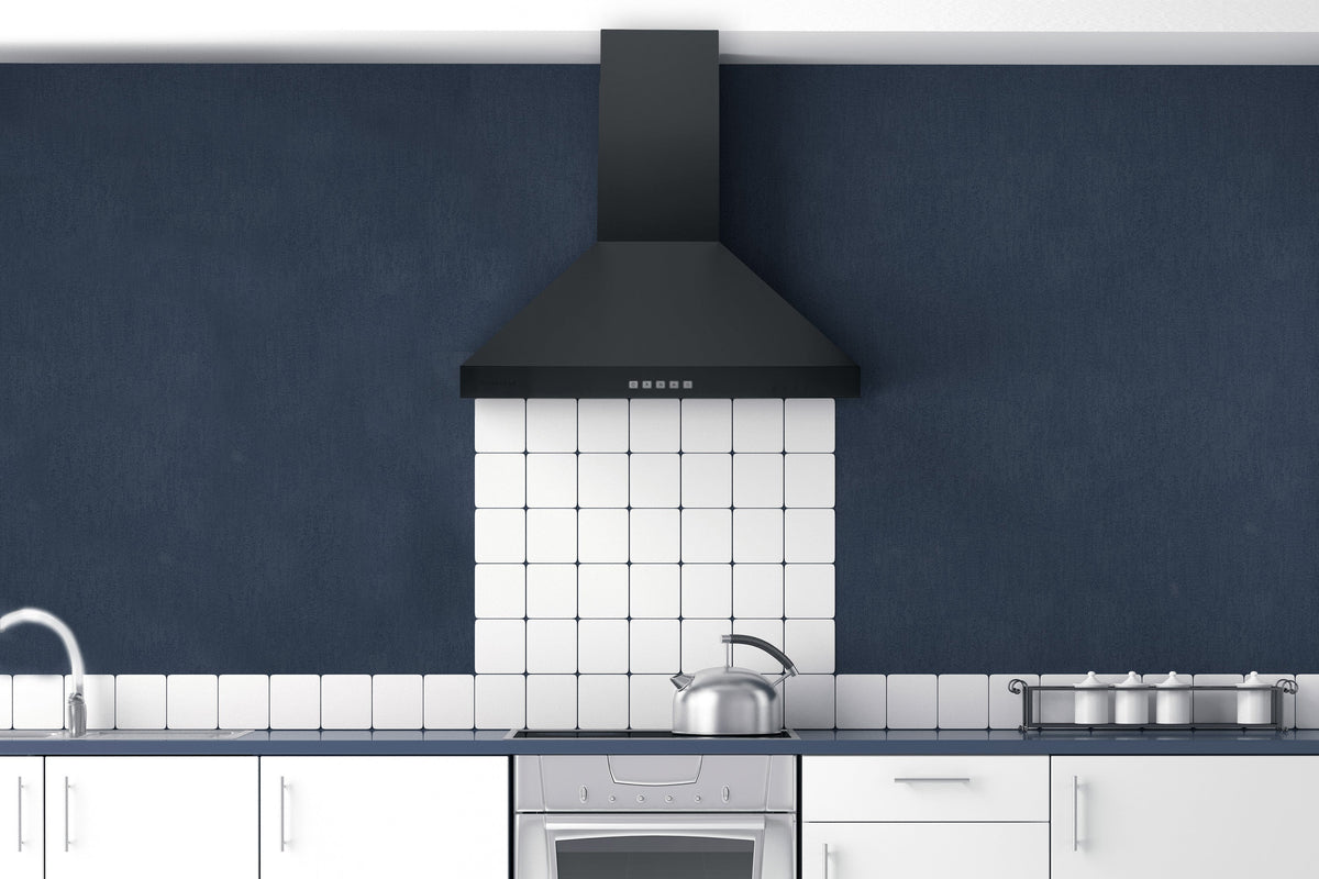 Matte black convertible wall mount range hood centered over a cooktop in a kitchen.