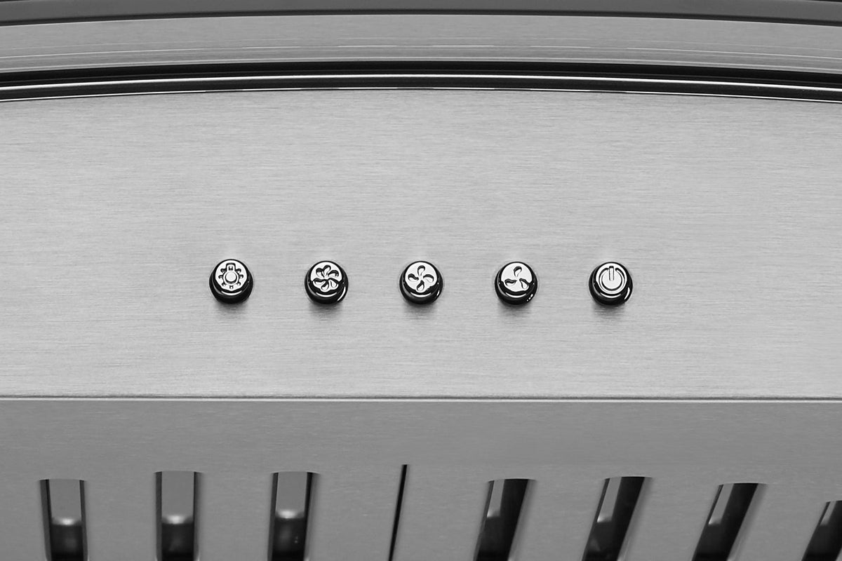 Stainless steel range hood control panel with five round button icons