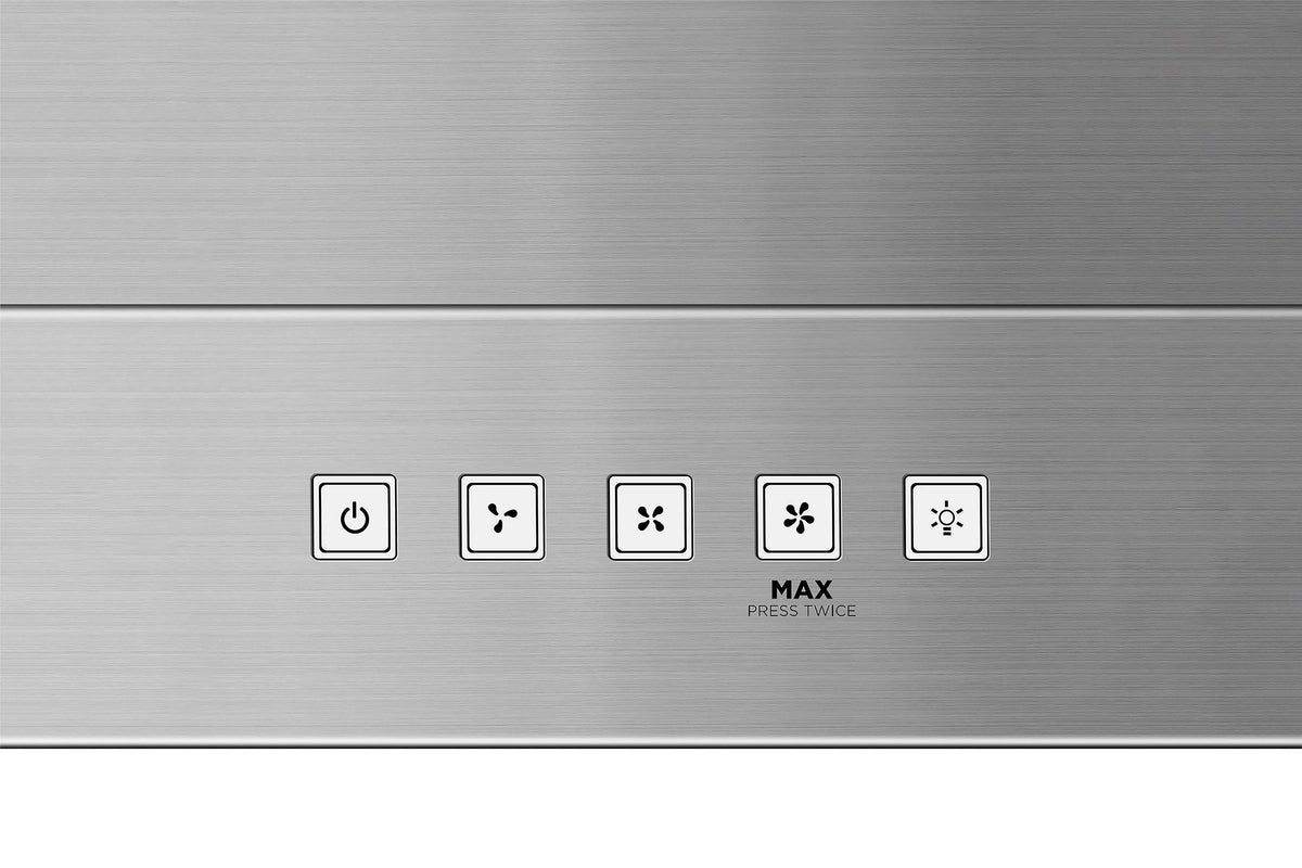 Stainless steel range hood control panel with icons and MAX press twice label.