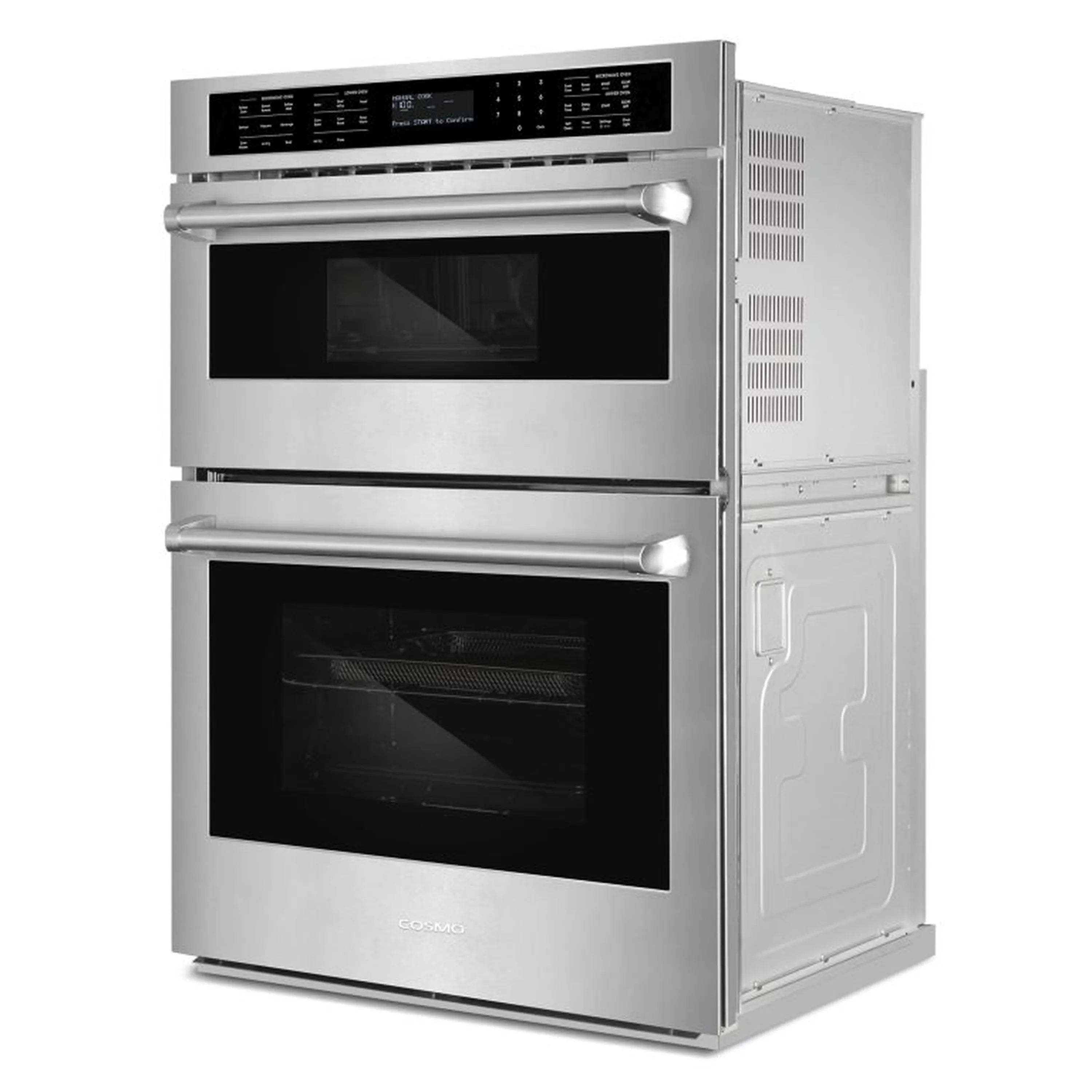 Stainless steel electric wall oven and microwave combo with two black glass doors