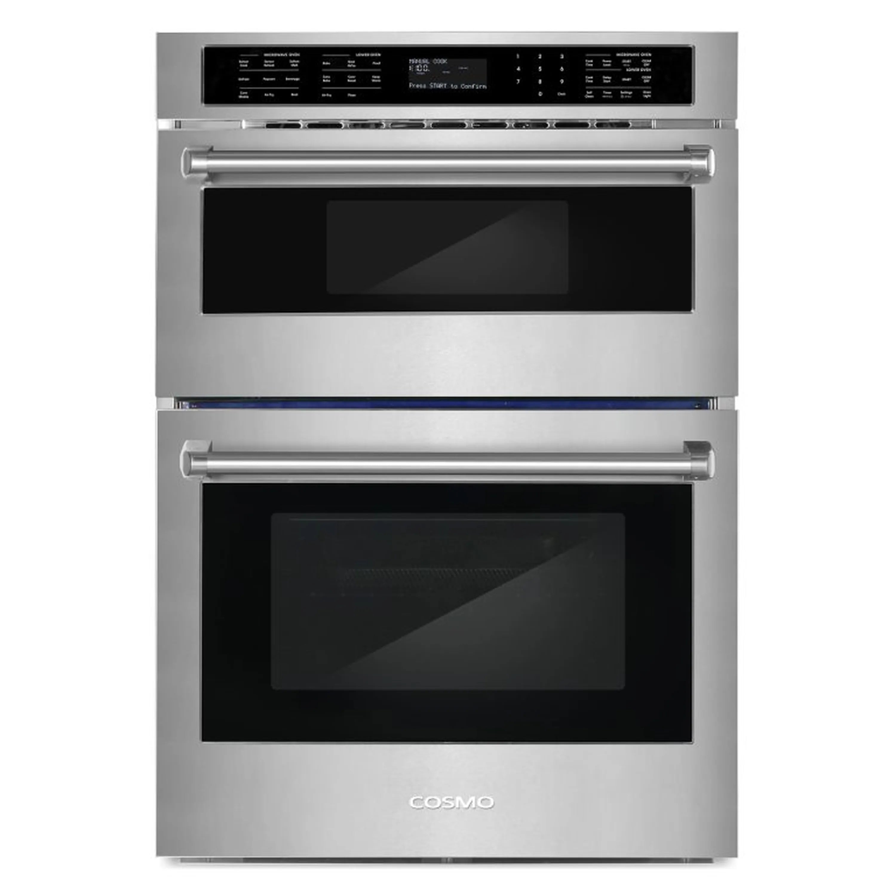 Stainless steel microwave and oven combo with two black glass doors and control panel