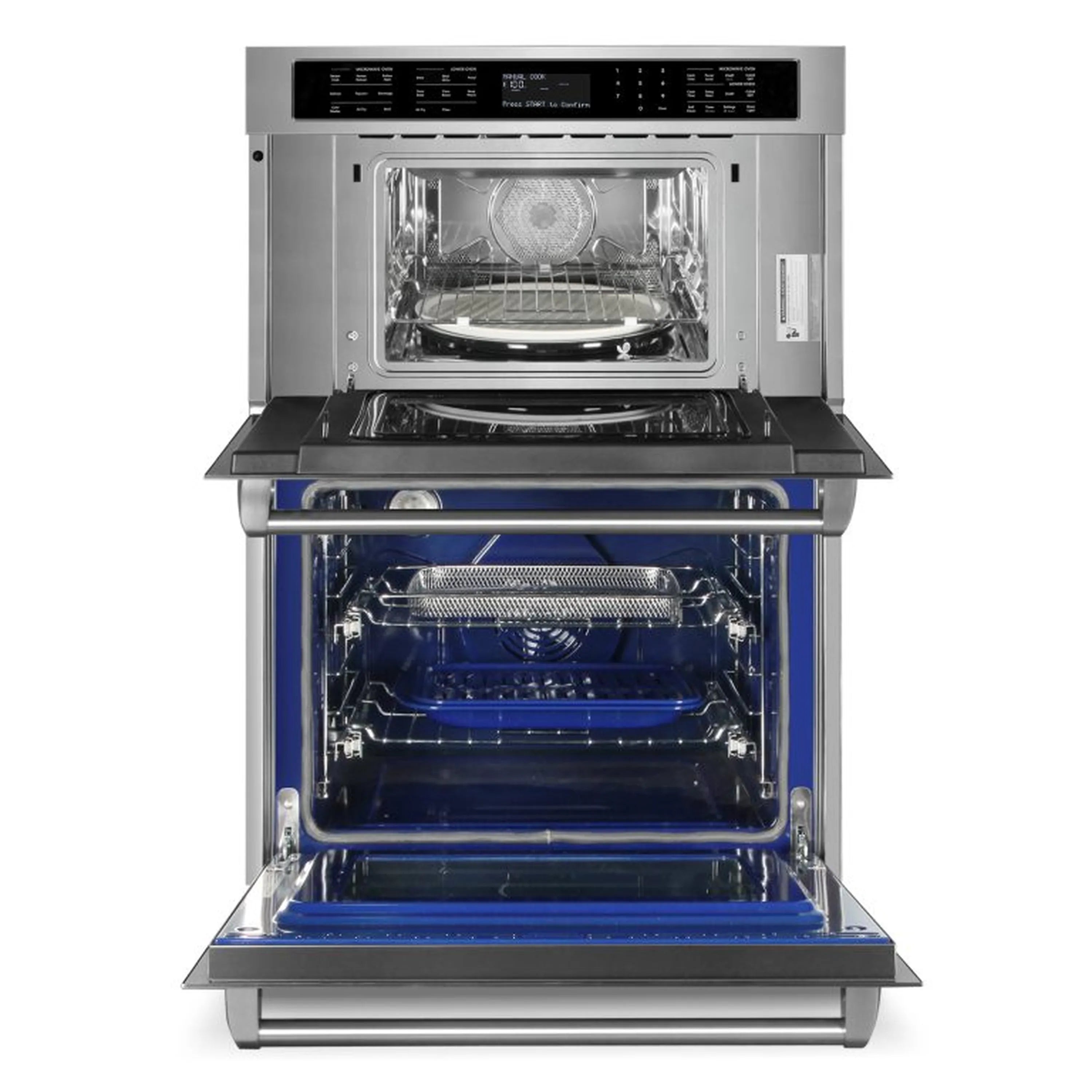Stainless steel microwave wall oven combo with doors open and turntable in microwave
