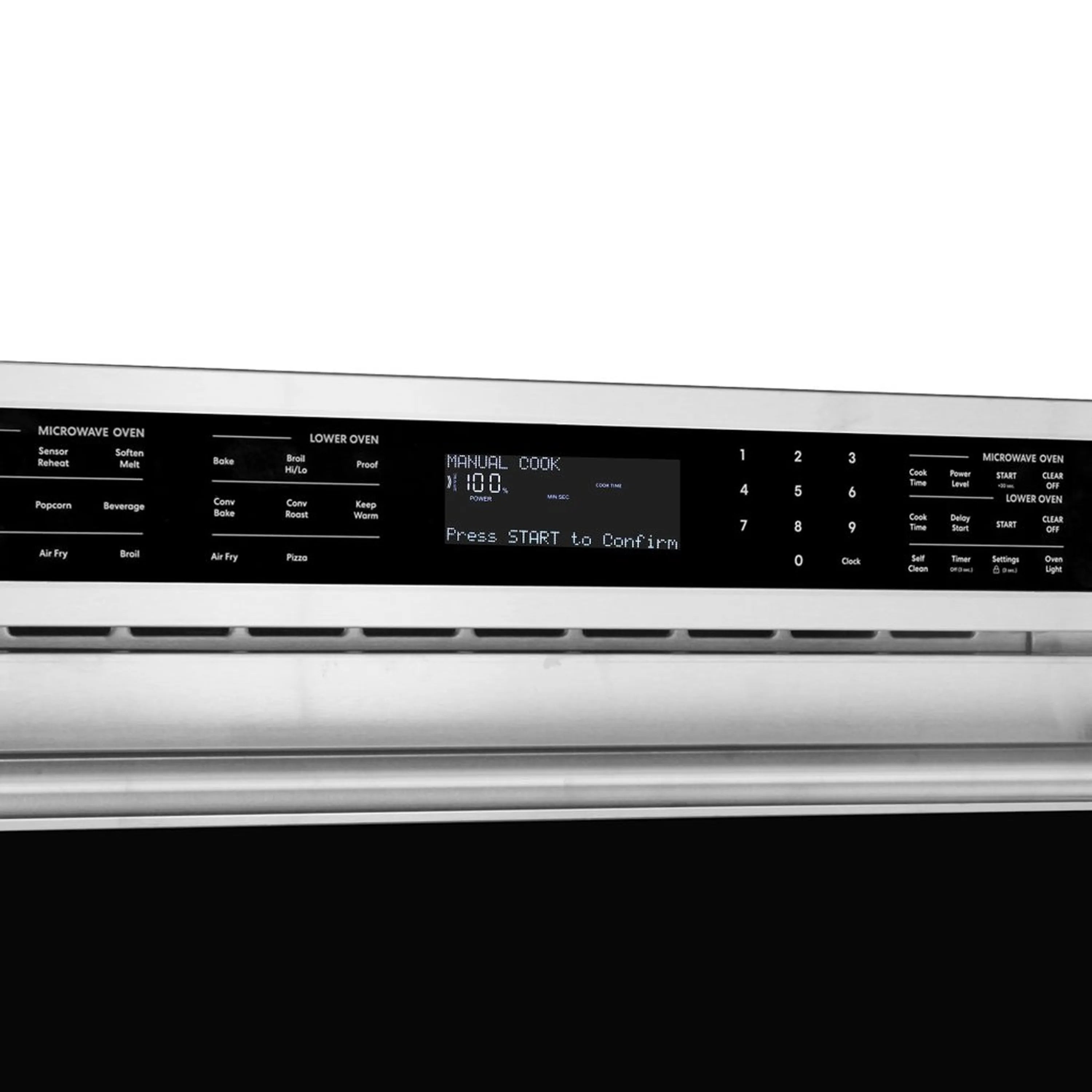 Stainless steel microwave wall oven combo control panel with keypad and digital display