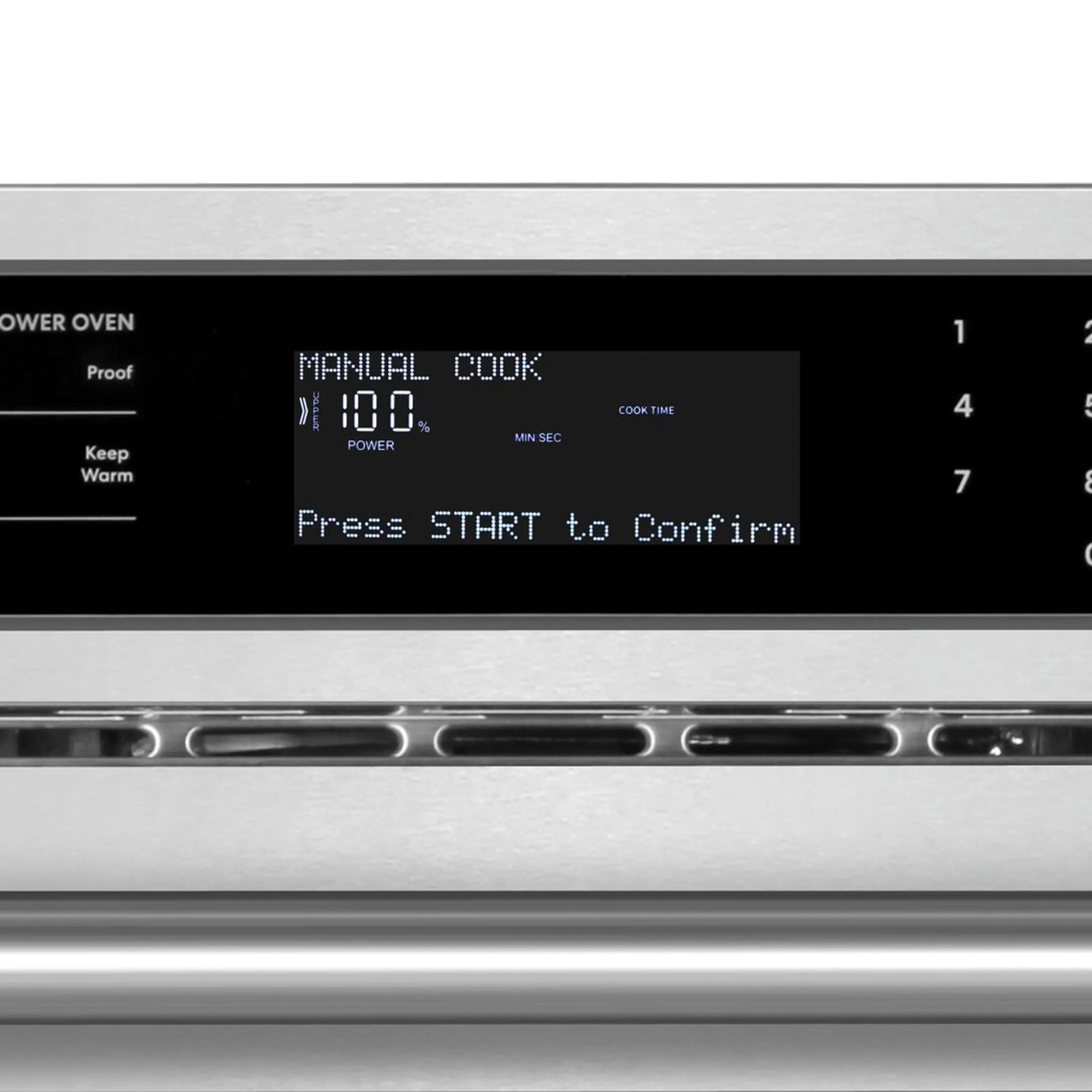 Microwave wall oven combo digital display and control buttons on stainless steel panel
