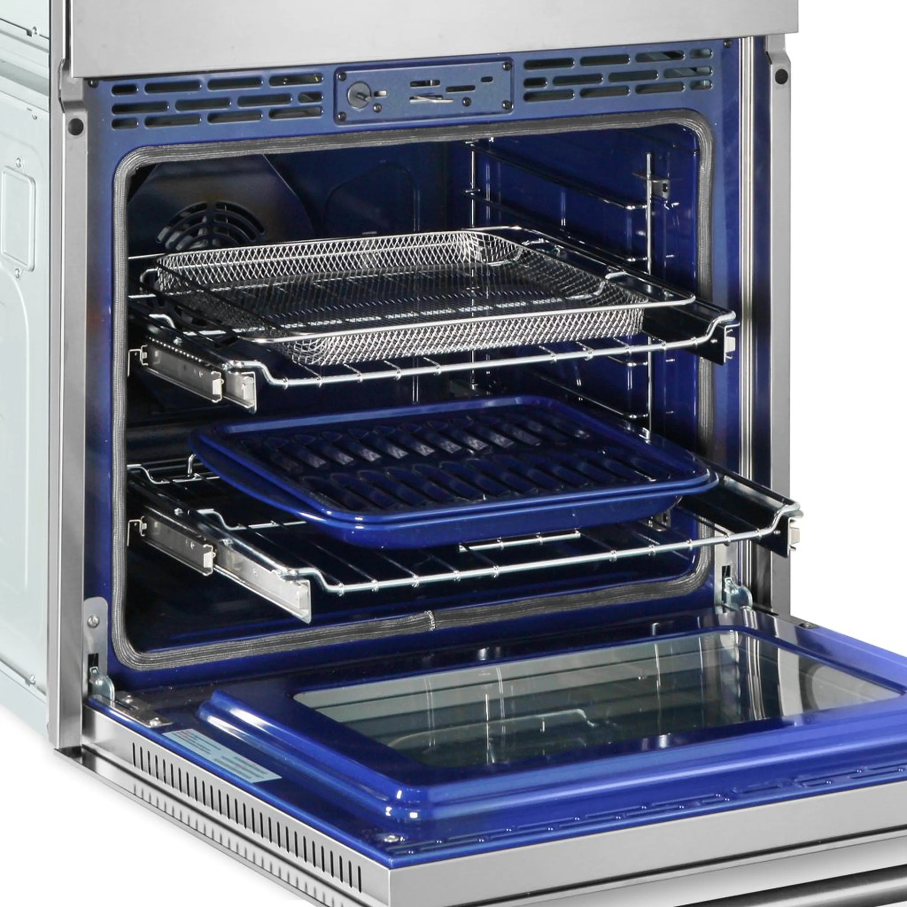 Stainless steel lower oven cavity with two wire racks and oven door open