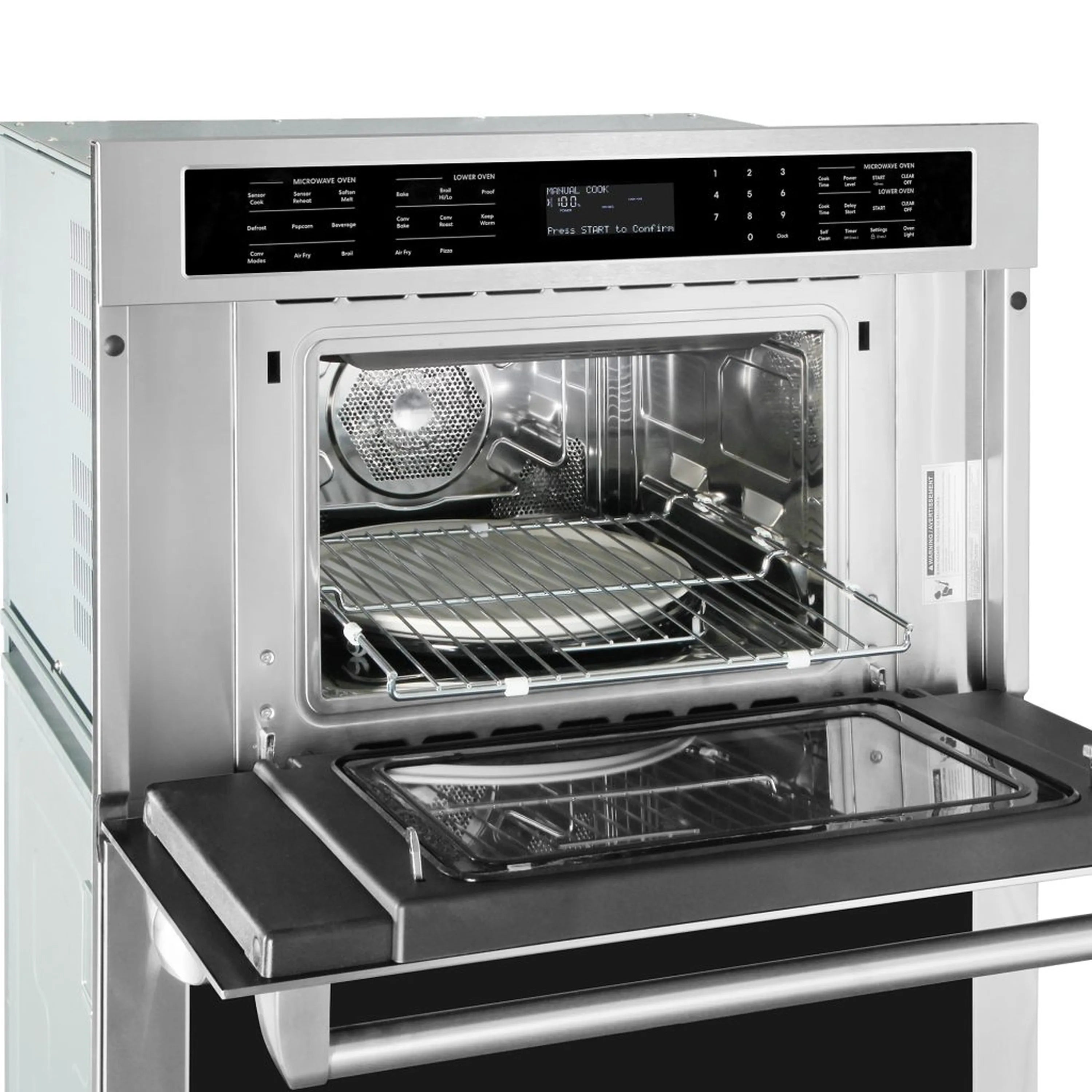 Stainless steel microwave wall oven combo front with upper and lower doors open