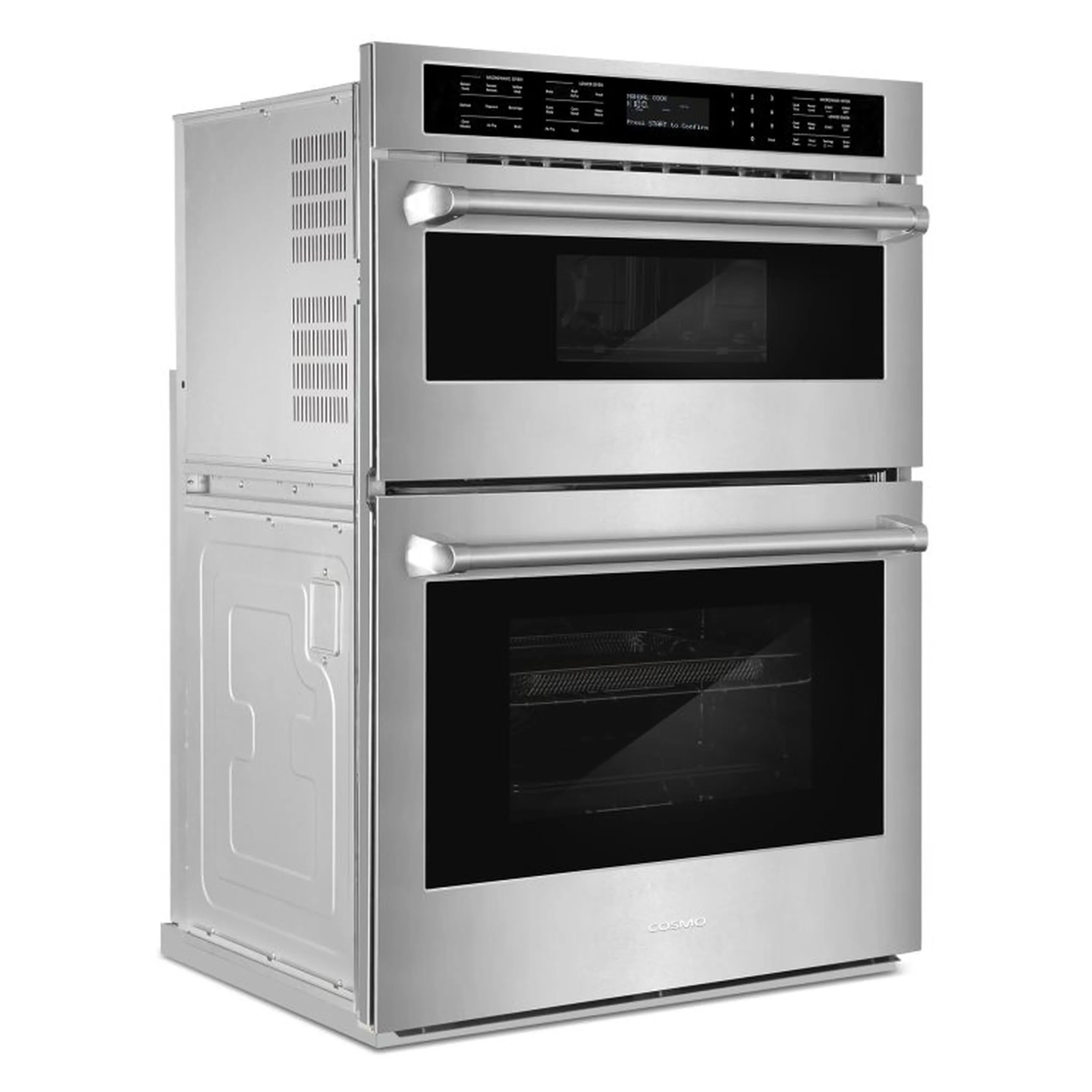 Stainless steel stacked microwave and oven combo with two black glass doors