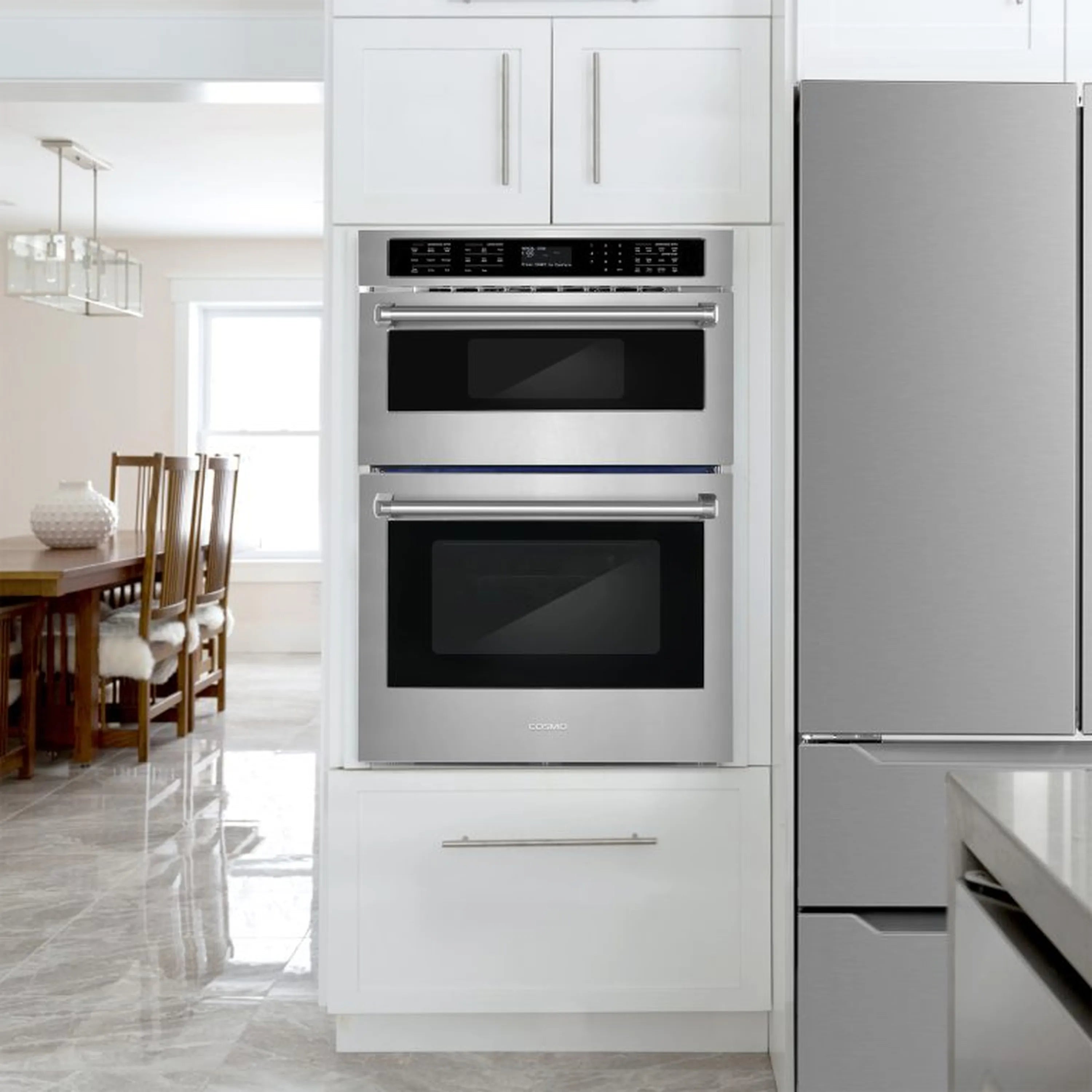 Stainless steel microwave and oven combo built-in with two black glass doors