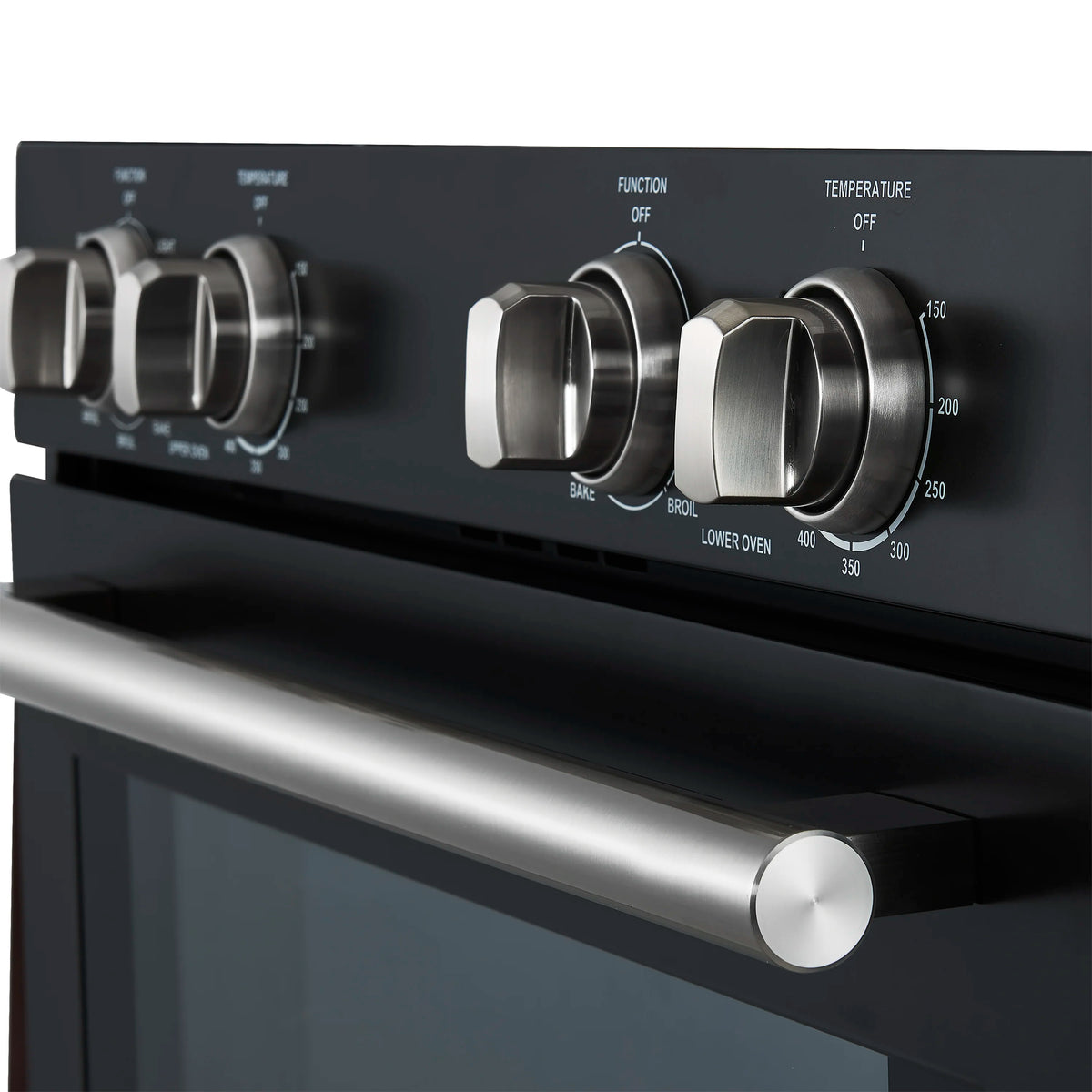 Black control panel with four knobs and temperature/function markings; stainless handle below.