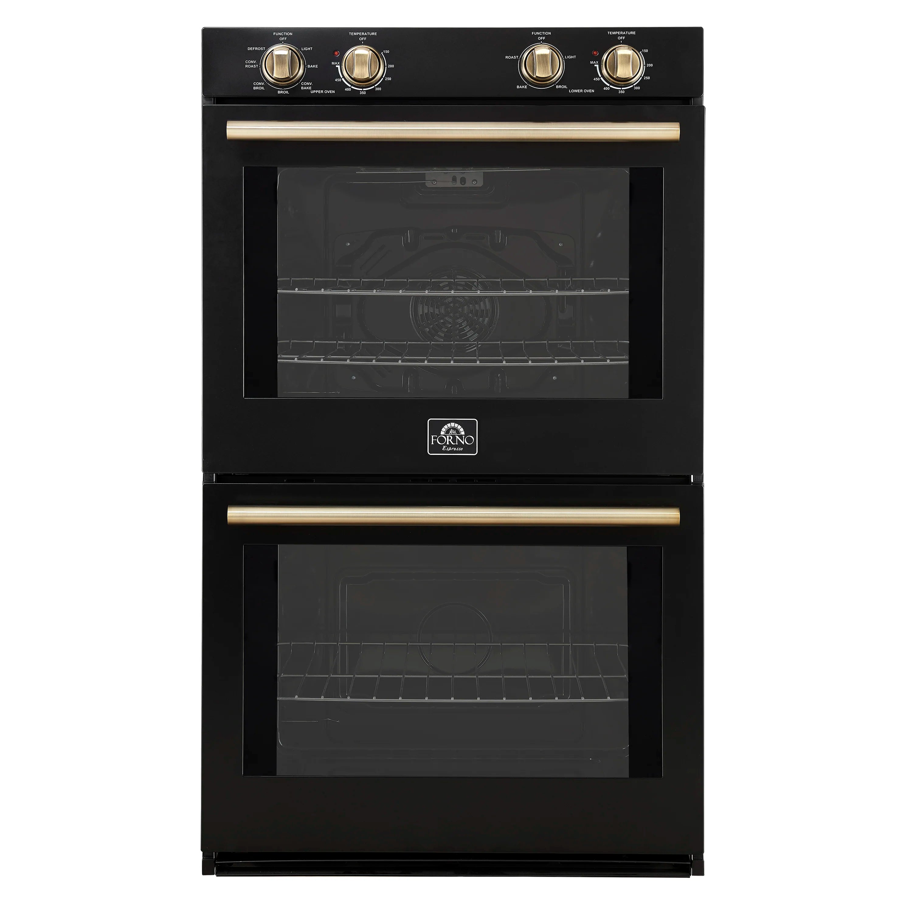 Black double wall oven with antique brass handle and control knobs, doors closed