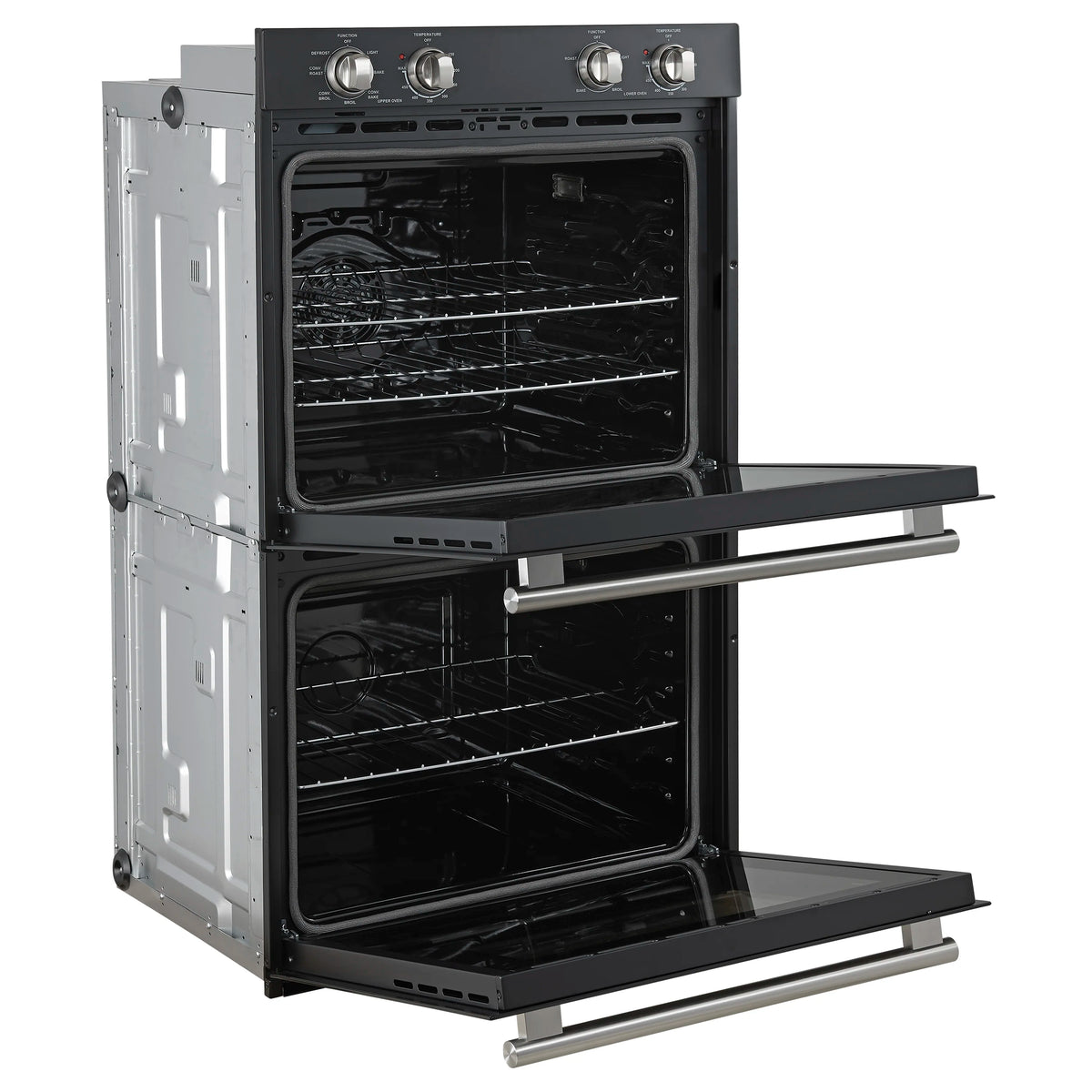 Black double wall oven with both compartments open and metal rack rails