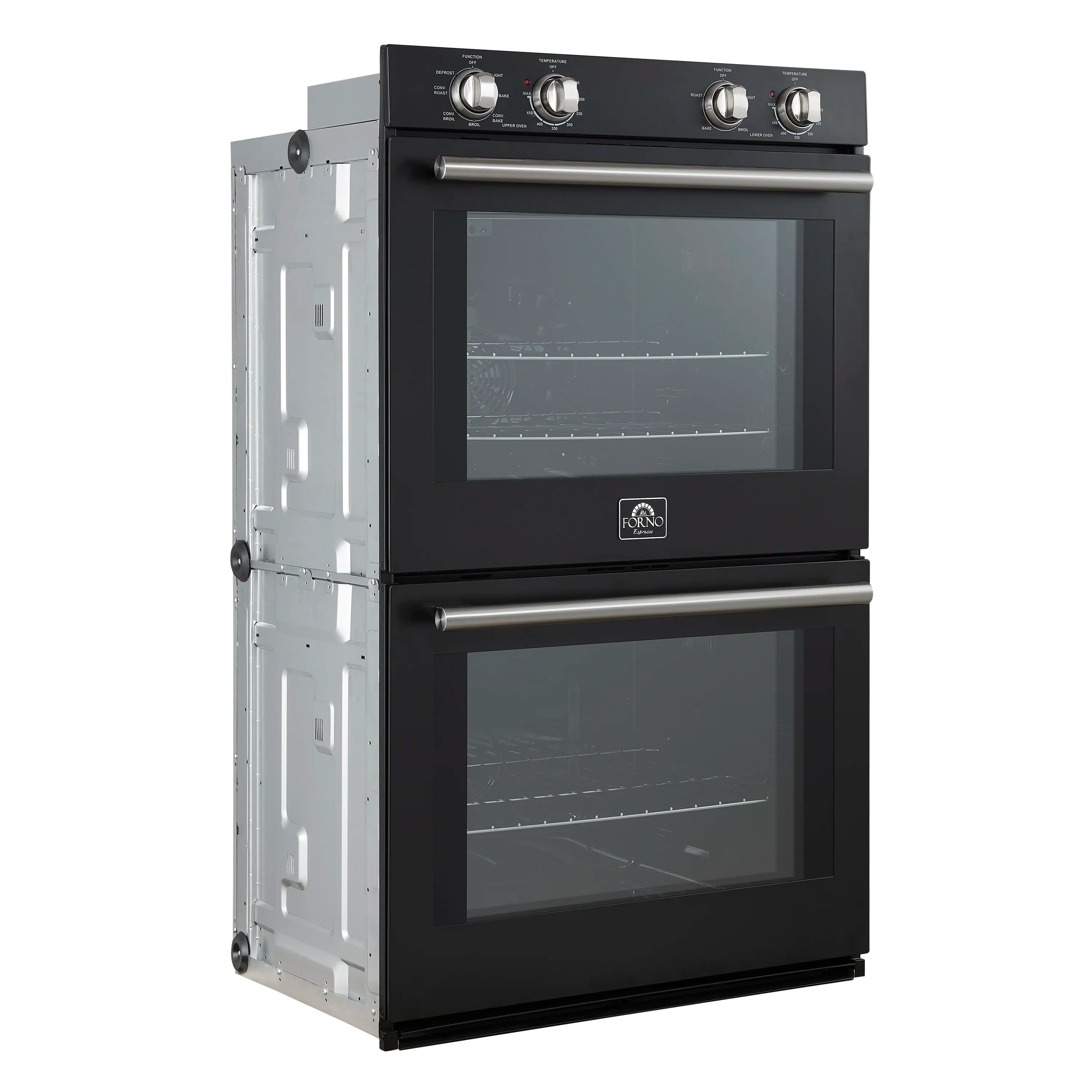 Black double wall oven with open side panel and stainless rails; control knobs on top.