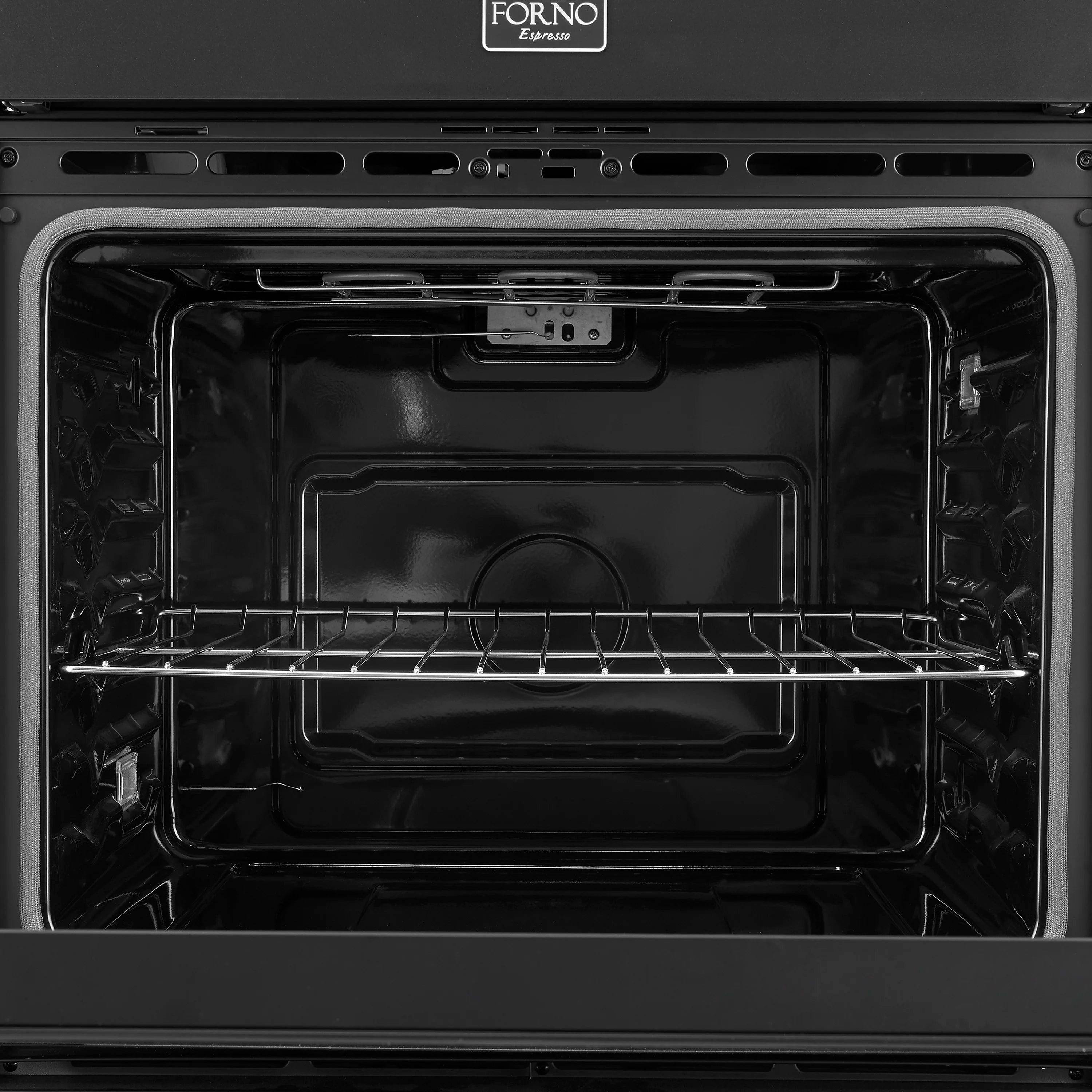 Open oven cavity with two racks and rear heating element, black double wall oven