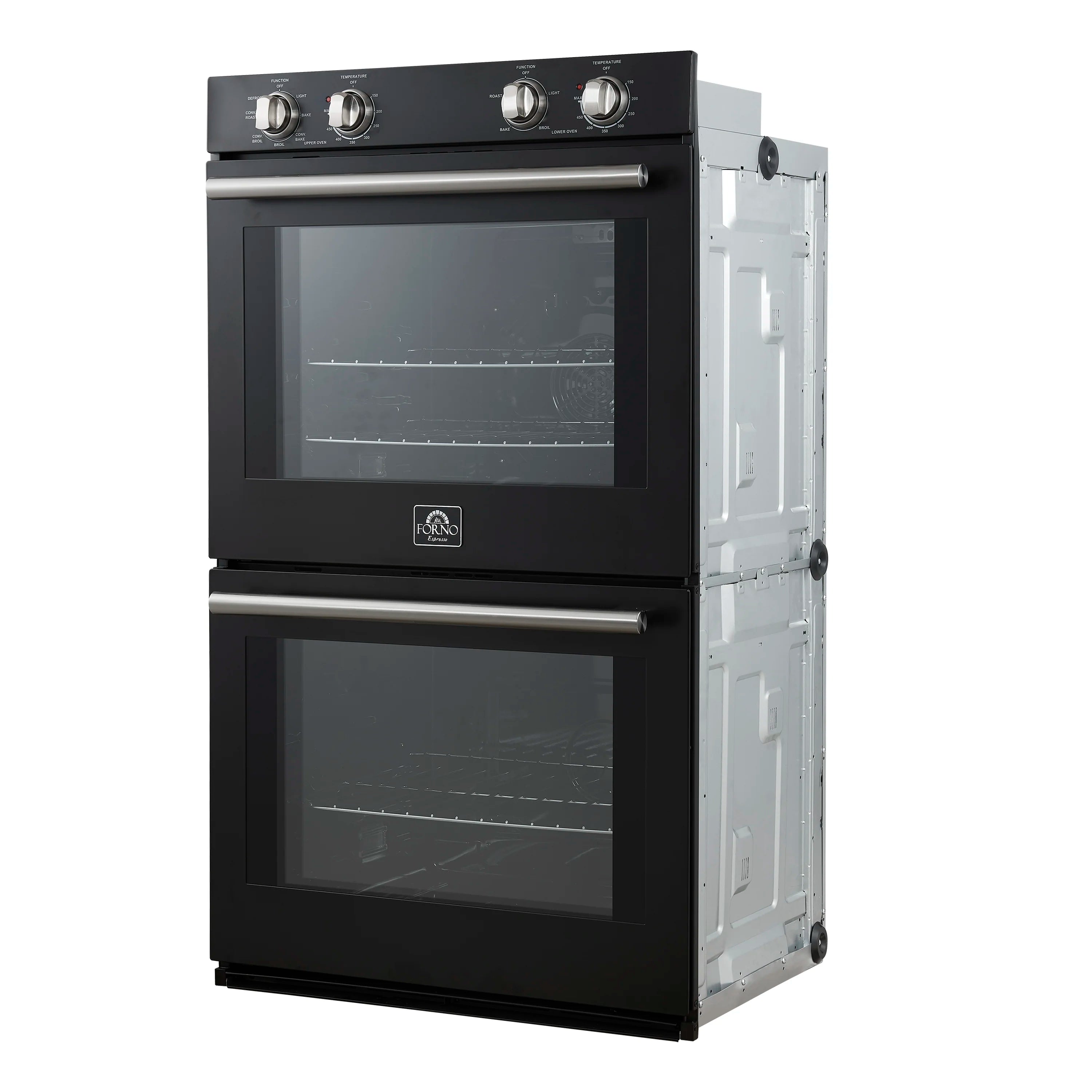 Black double wall oven with open side panel and stainless rails; doors with glass windows.