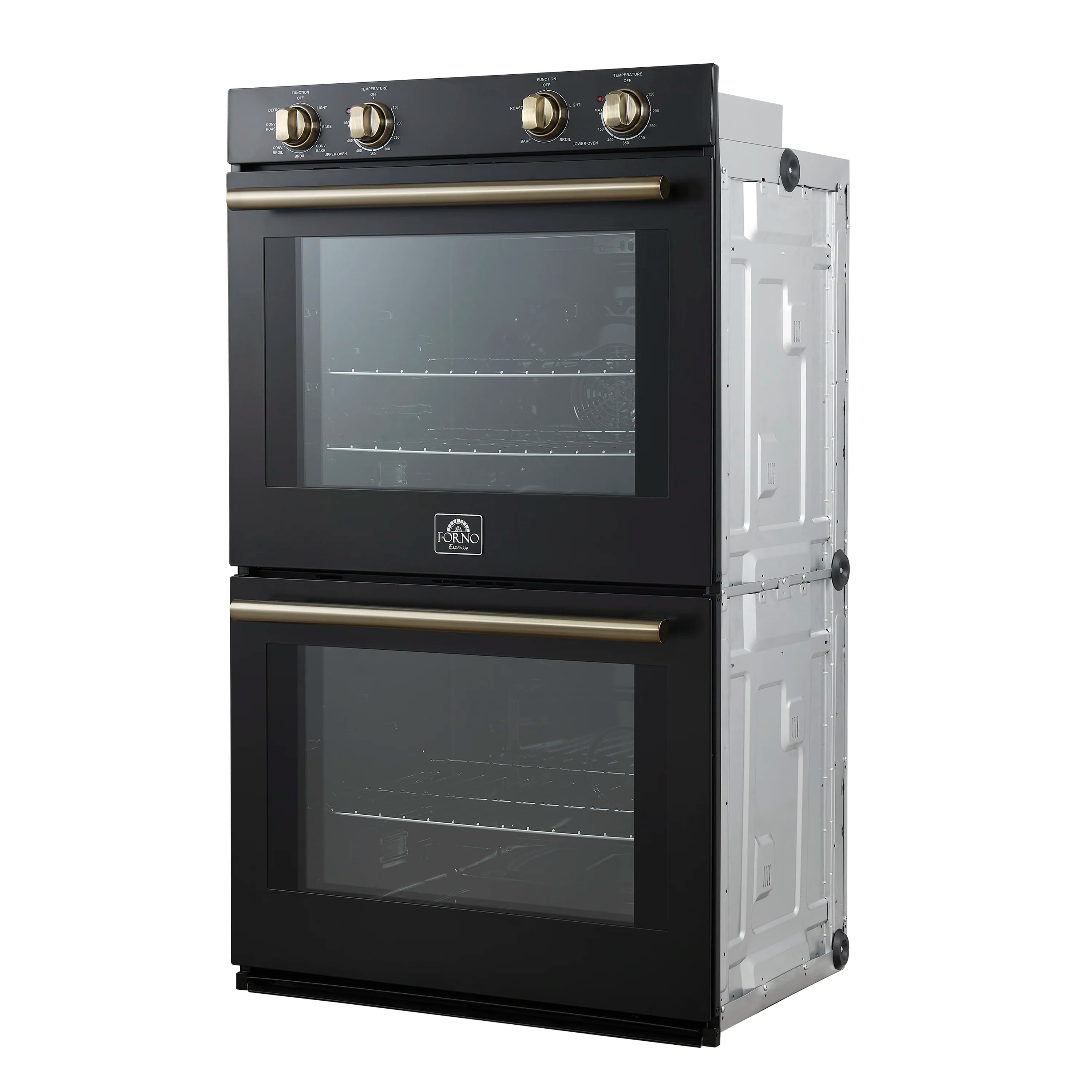 Black double wall oven with antique brass knobs and handle, closed doors